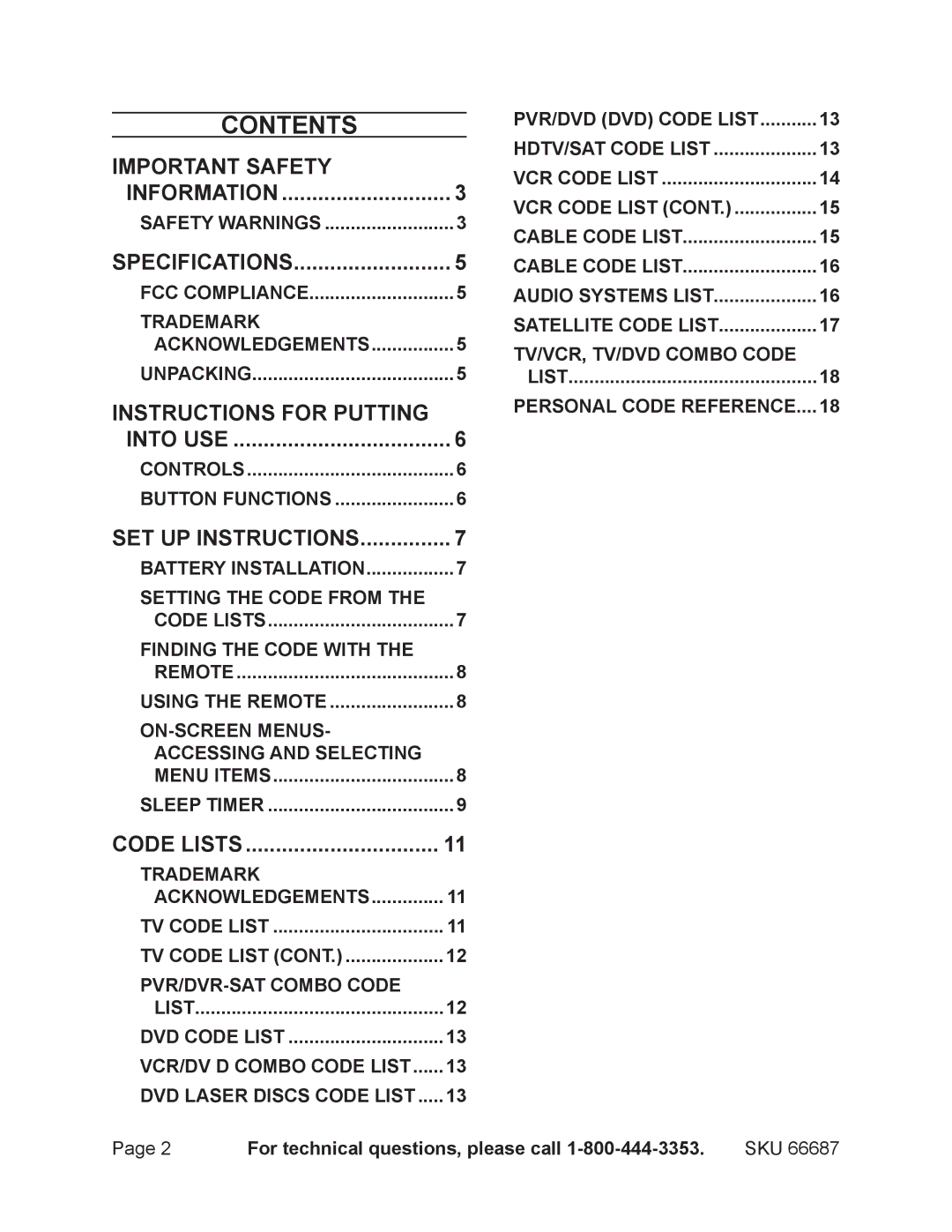 Harbor Freight Tools 66687 operating instructions Contents 