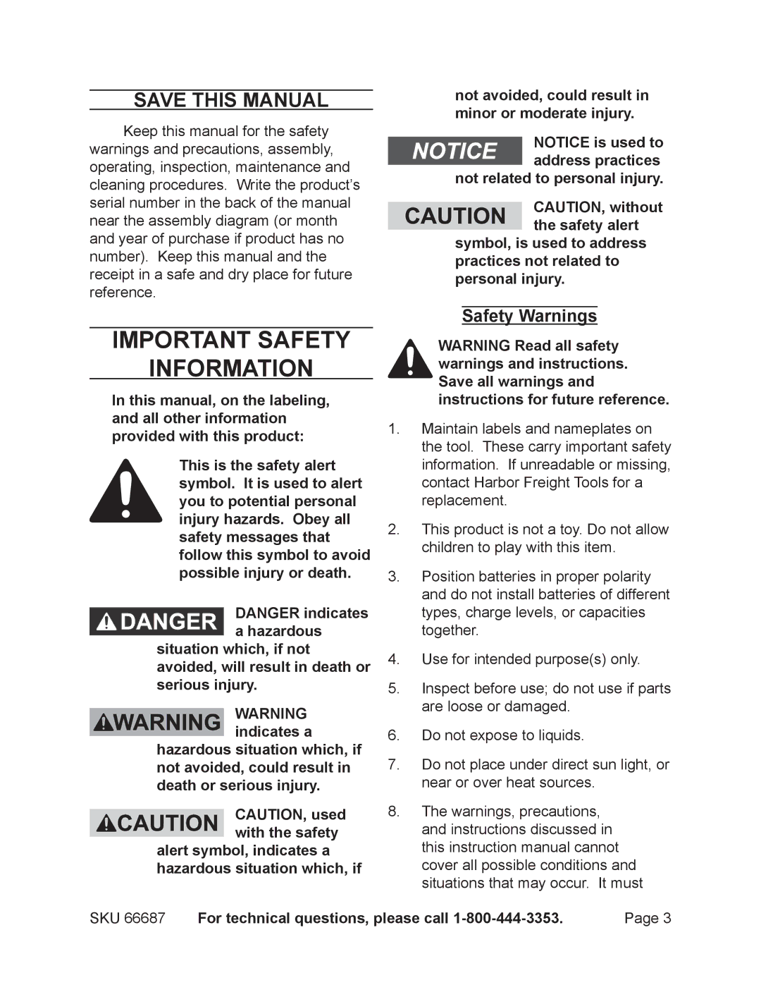 Harbor Freight Tools 66687 operating instructions Save This Manual, Safety Warnings 