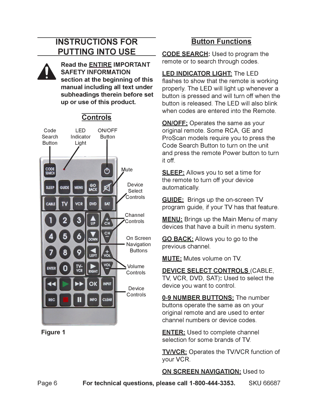 Harbor Freight Tools 66687 operating instructions Instructions for putting into use, Controls, Button Functions 