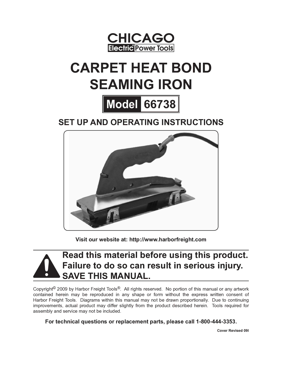 Harbor Freight Tools 66738 operating instructions Carpet Heat Bond Seaming Iron 