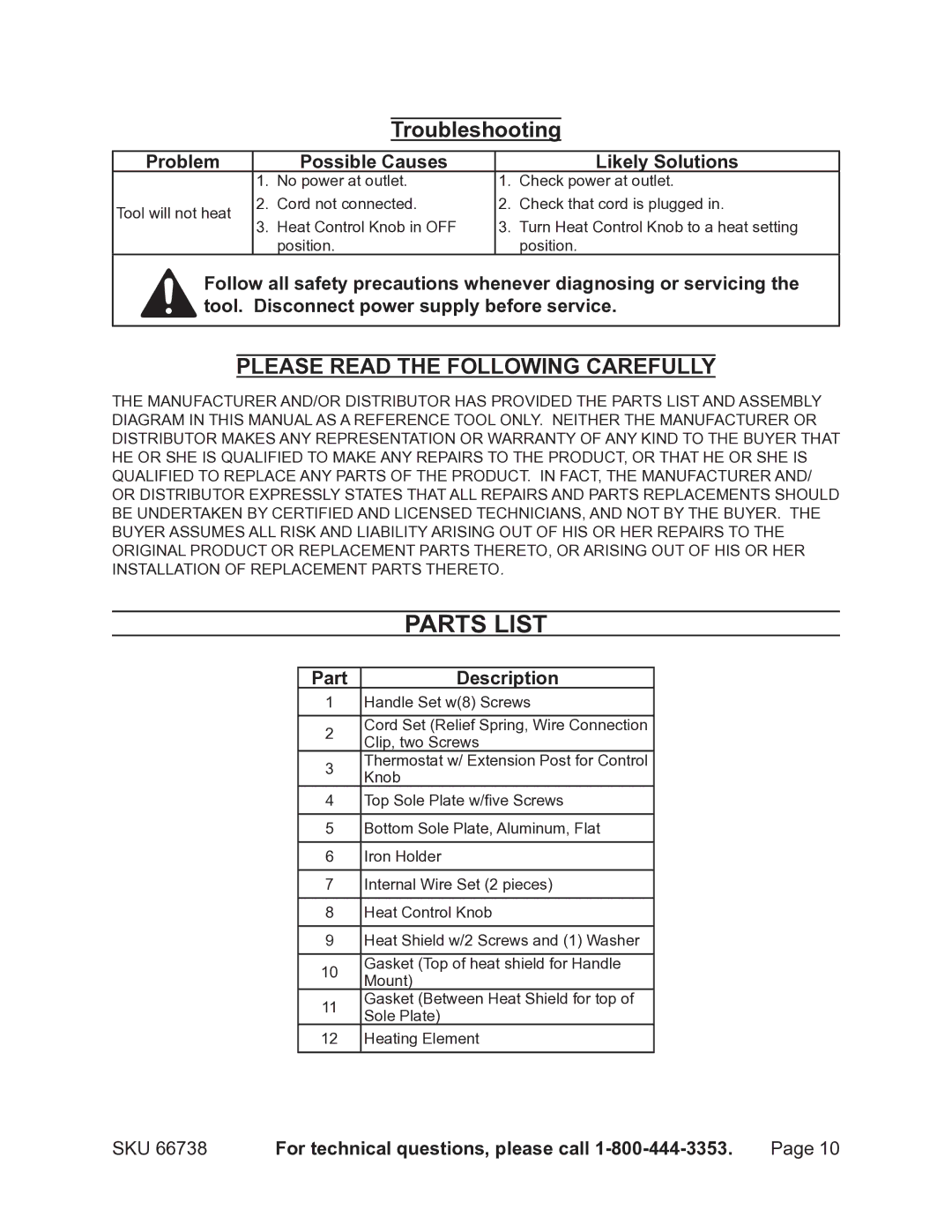 Harbor Freight Tools 66738 Parts List, Troubleshooting, Problem Possible Causes Likely Solutions, Part Description 