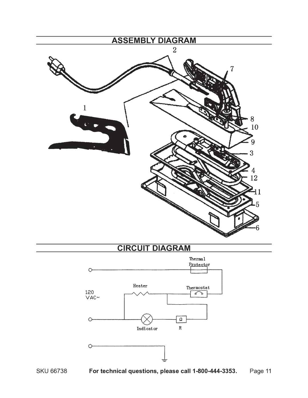 Harbor Freight Tools 66738 operating instructions Circuit Diagram, SKU For technical questions, please call 