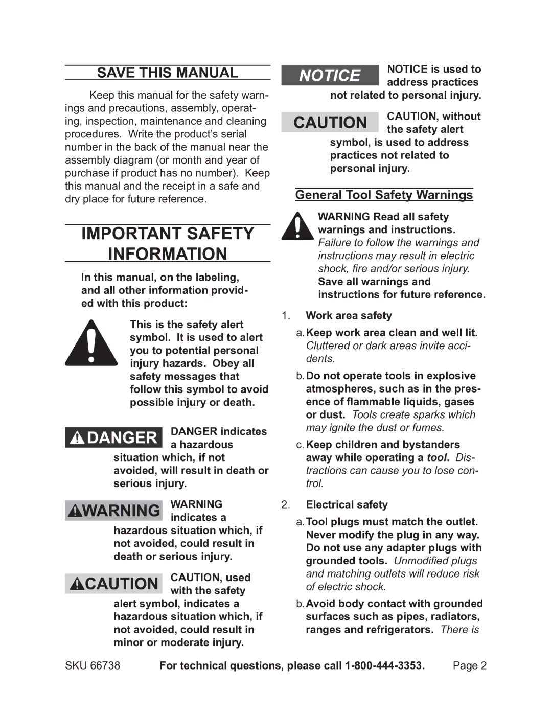 Harbor Freight Tools 66738 Save This Manual, General Tool Safety Warnings, For technical questions, please call 