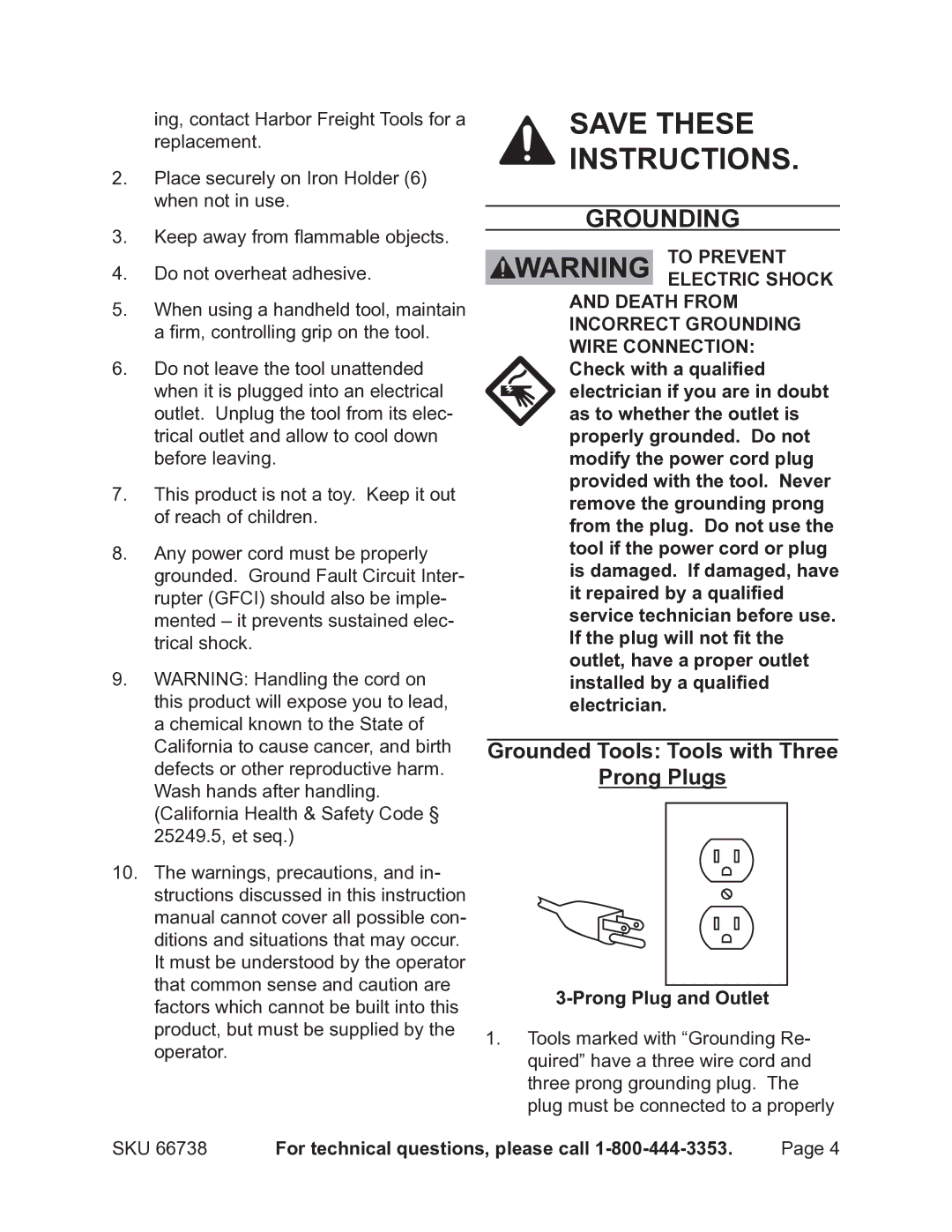 Harbor Freight Tools 66738 operating instructions Grounding, Grounded Tools Tools with Three Prong Plugs 