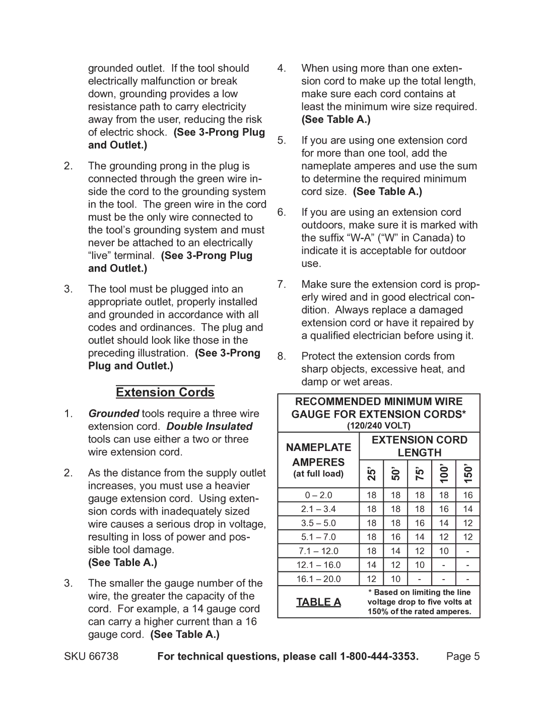 Harbor Freight Tools 66738 Cord size. See Table a, Plug and Outlet, 25’ 50’ 75’ 100’ 150’, Gauge cord. See Table a 