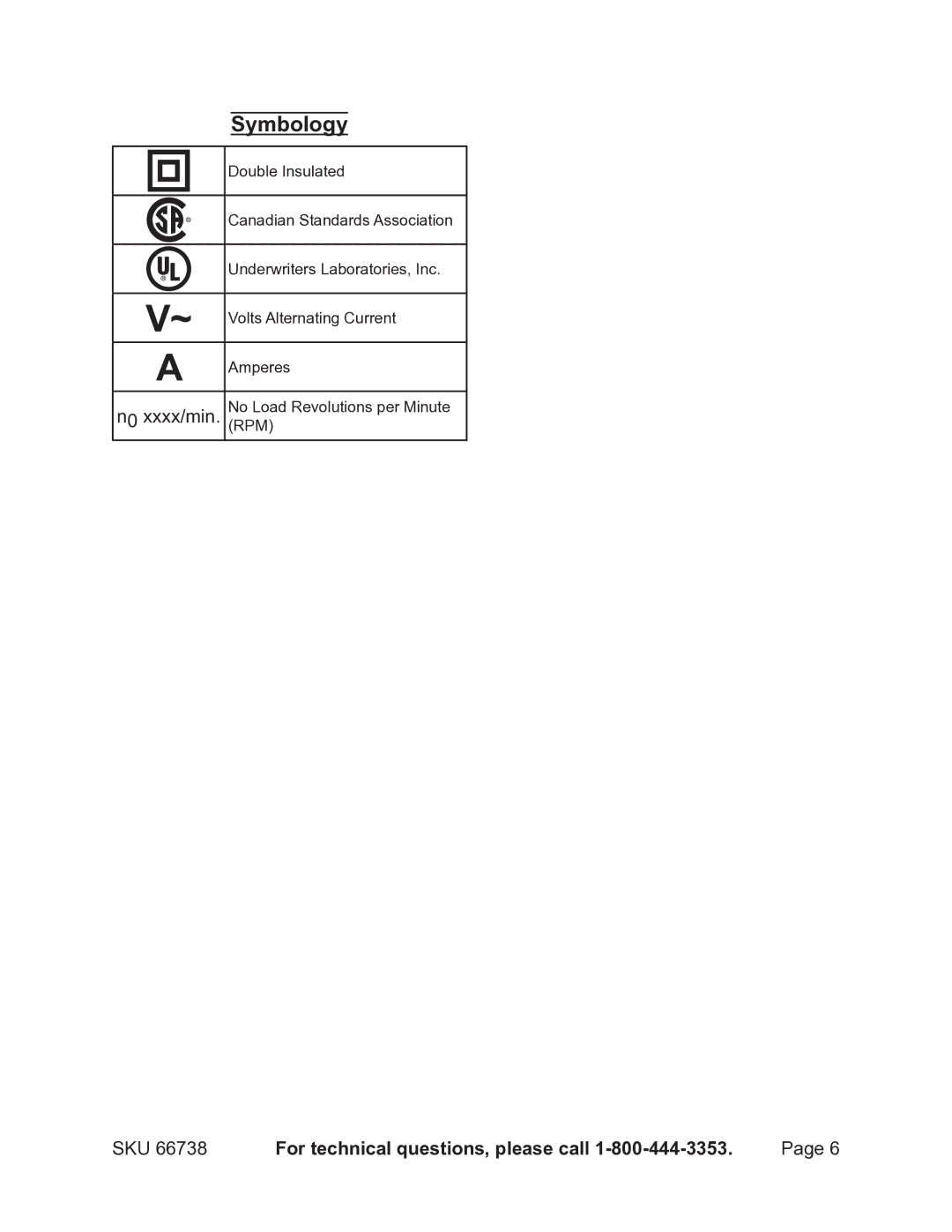 Harbor Freight Tools 66738 operating instructions Symbology 