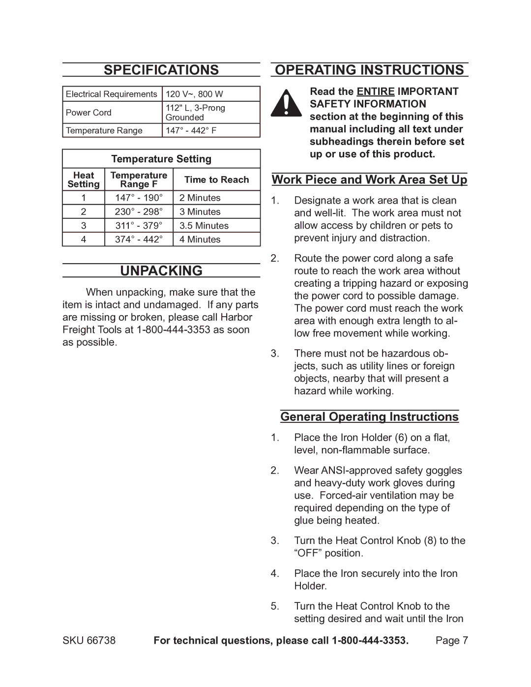 Harbor Freight Tools 66738 Specifications, Unpacking, Operating Instructions, Work Piece and Work Area Set Up 