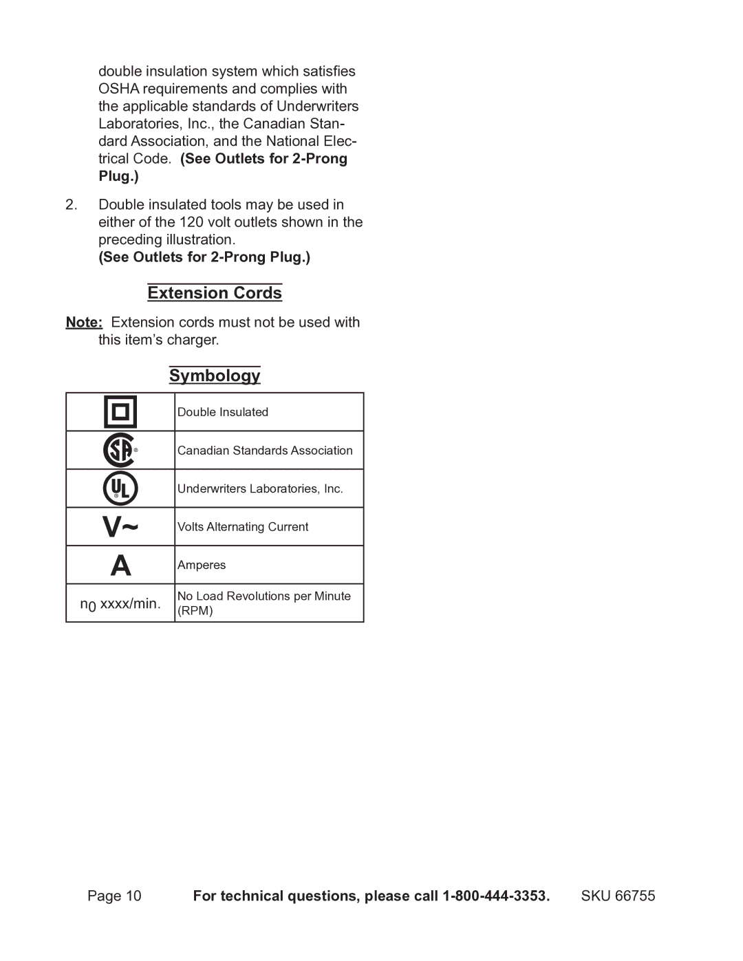 Harbor Freight Tools 66755 operating instructions Extension Cords Symbology, See Outlets for 2-Prong Plug 