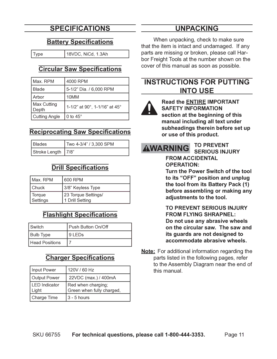 Harbor Freight Tools 66755 operating instructions Specifications, Unpacking, Instructions for putting Into use 