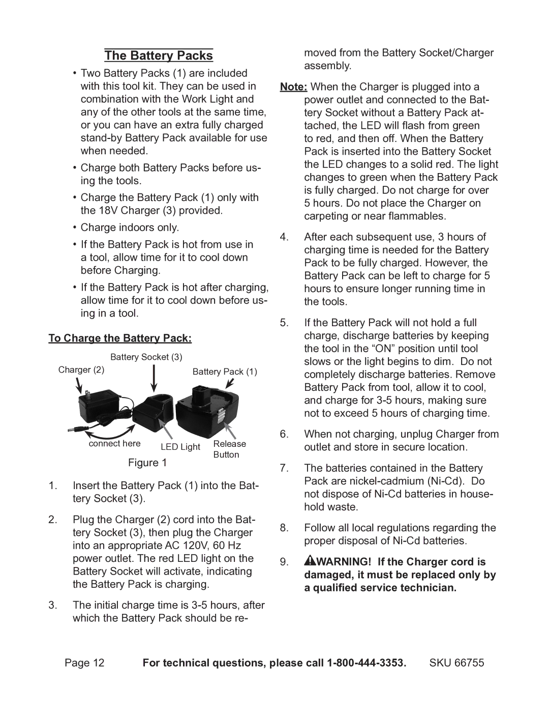 Harbor Freight Tools 66755 operating instructions Battery Packs, To Charge the Battery Pack 