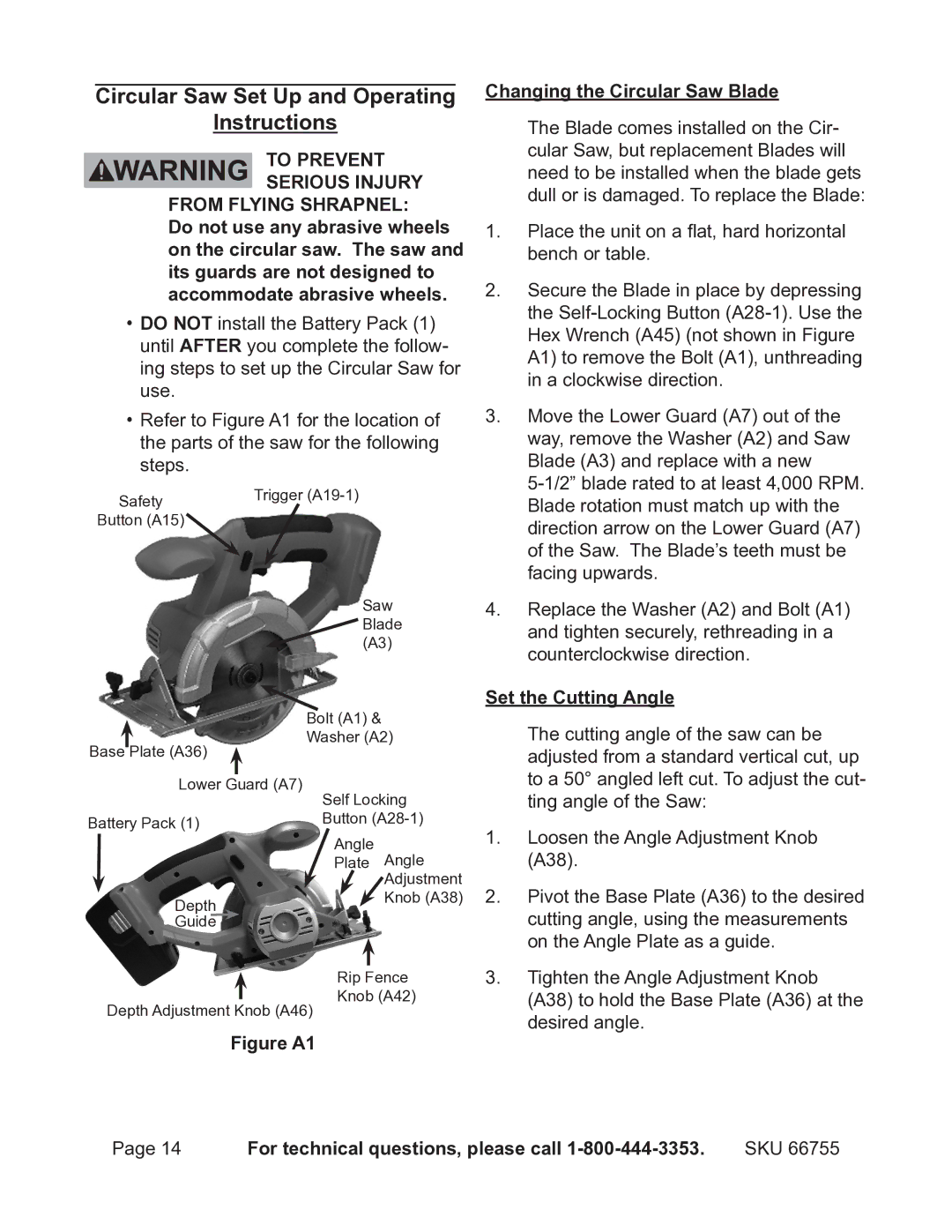 Harbor Freight Tools 66755 Circular Saw Set Up and Operating Instructions, Figure A1 Changing the Circular Saw Blade 