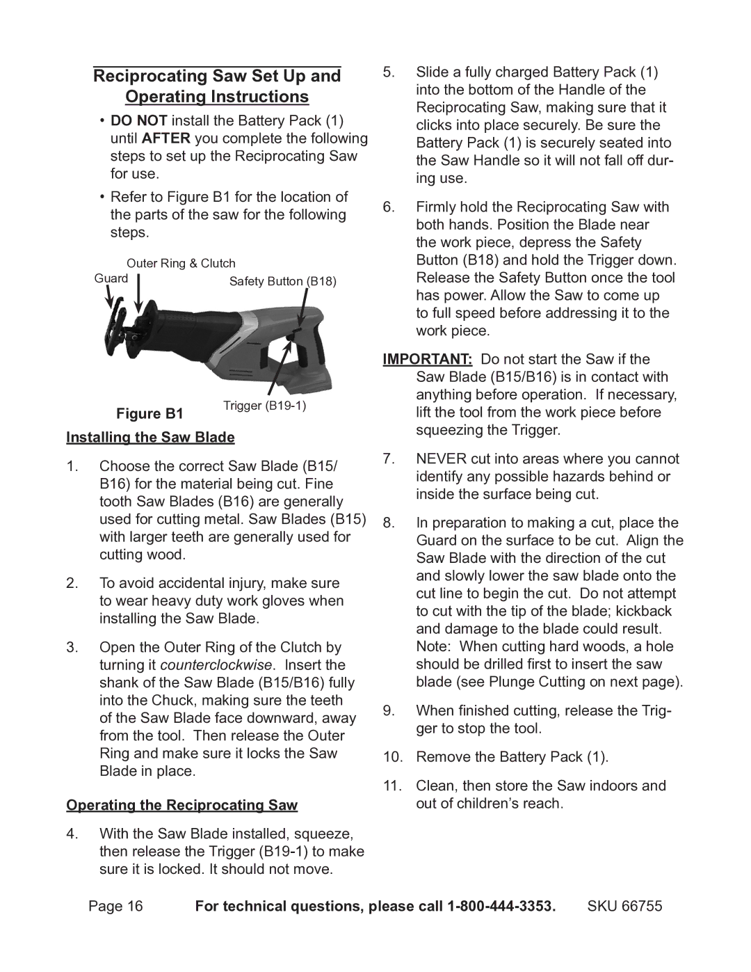 Harbor Freight Tools 66755 Reciprocating Saw Set Up Operating Instructions, Operating the Reciprocating Saw 