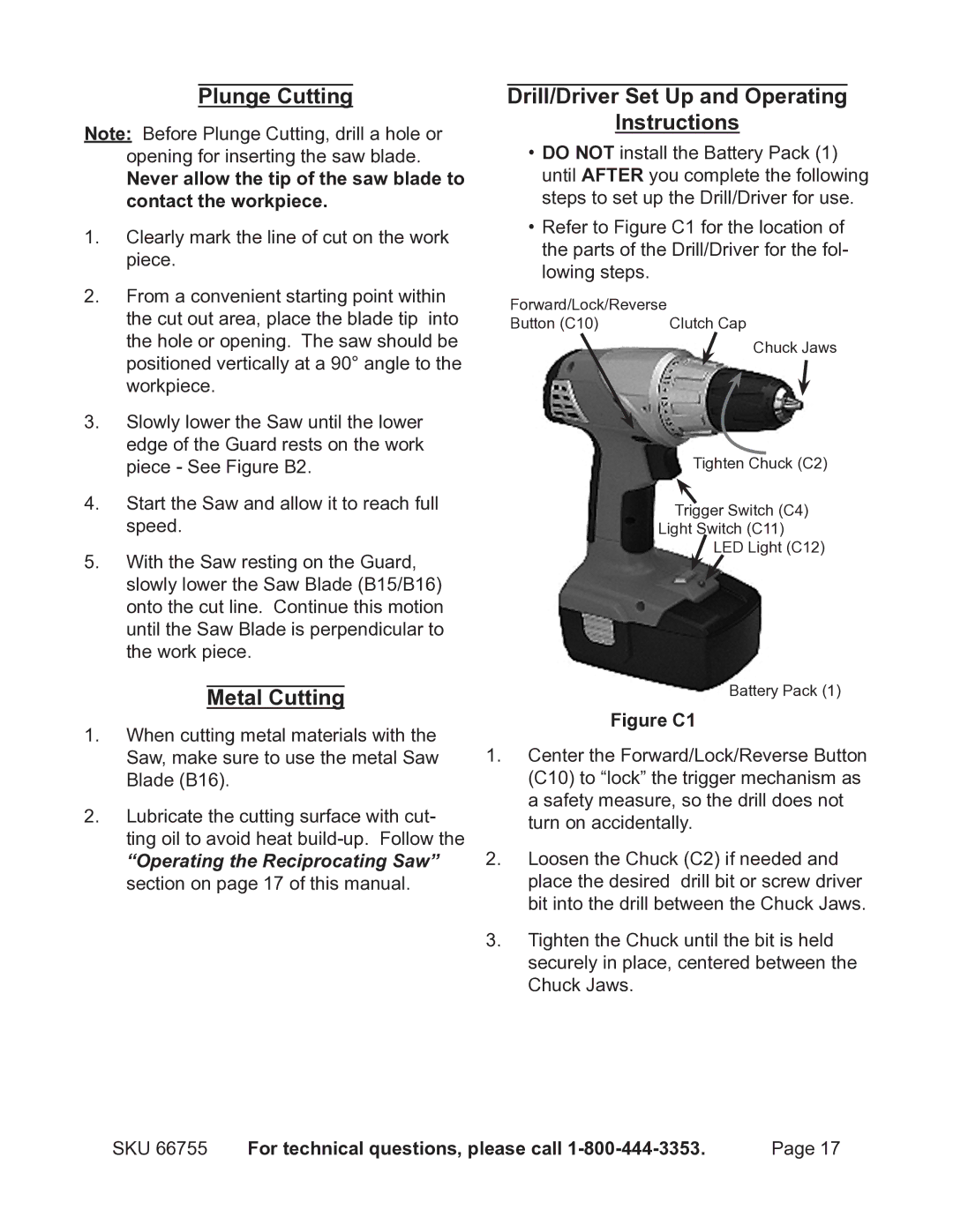 Harbor Freight Tools 66755 Plunge Cutting, Metal Cutting, Drill/Driver Set Up and Operating Instructions 