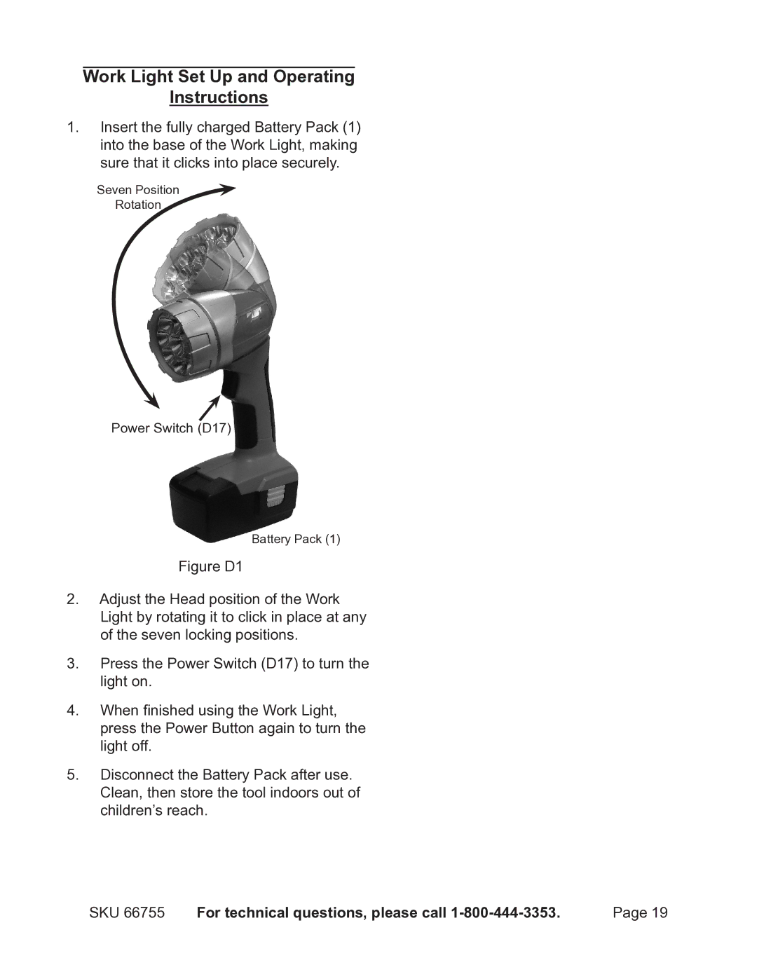 Harbor Freight Tools 66755 operating instructions Work Light Set Up and Operating Instructions 