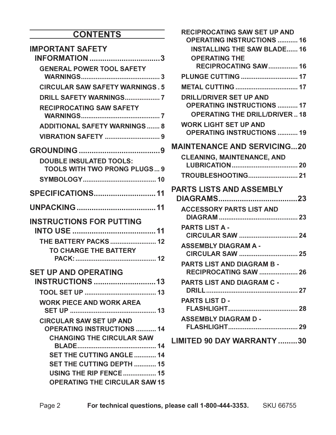 Harbor Freight Tools 66755 operating instructions Contents 