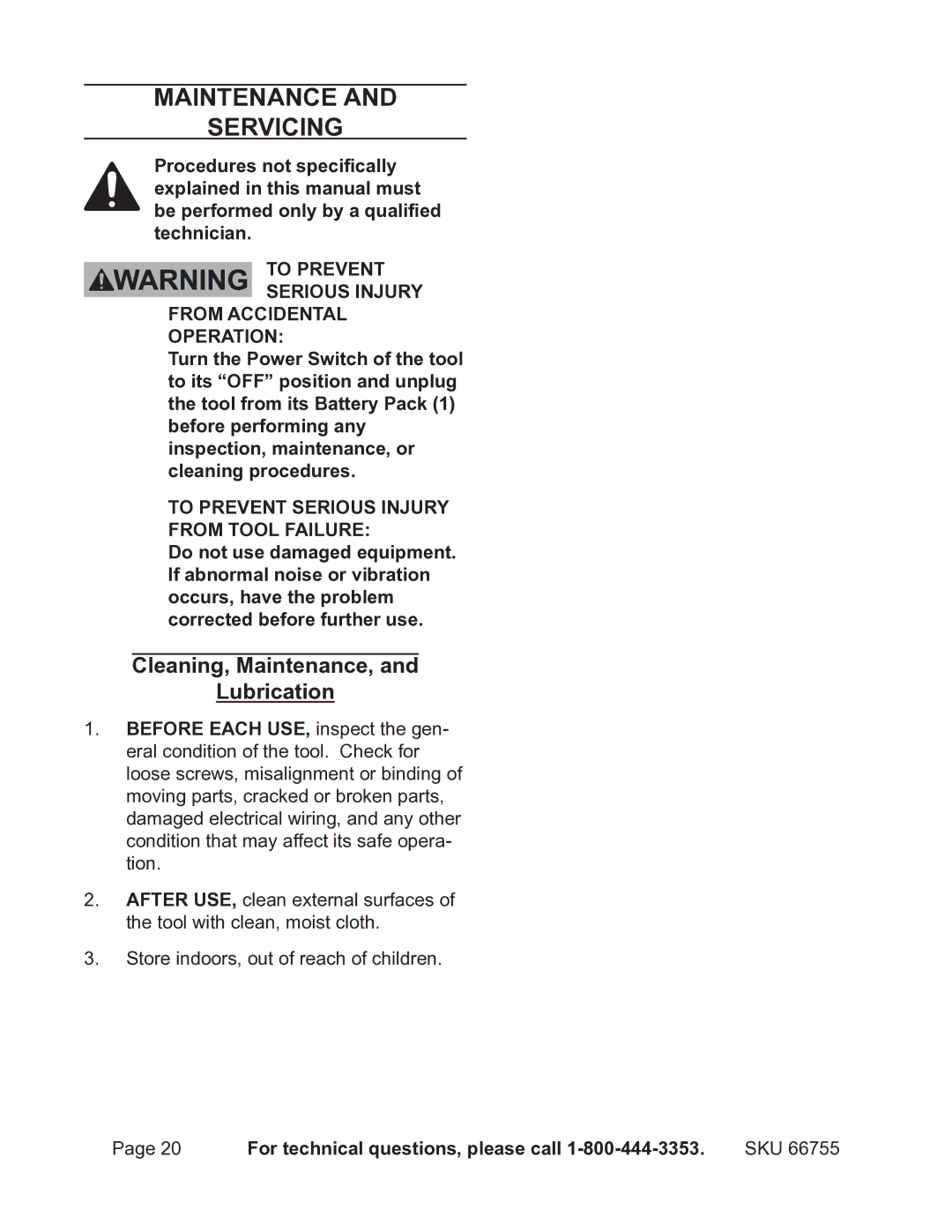 Harbor Freight Tools 66755 operating instructions Maintenance Servicing, Cleaning, Maintenance, Lubrication 