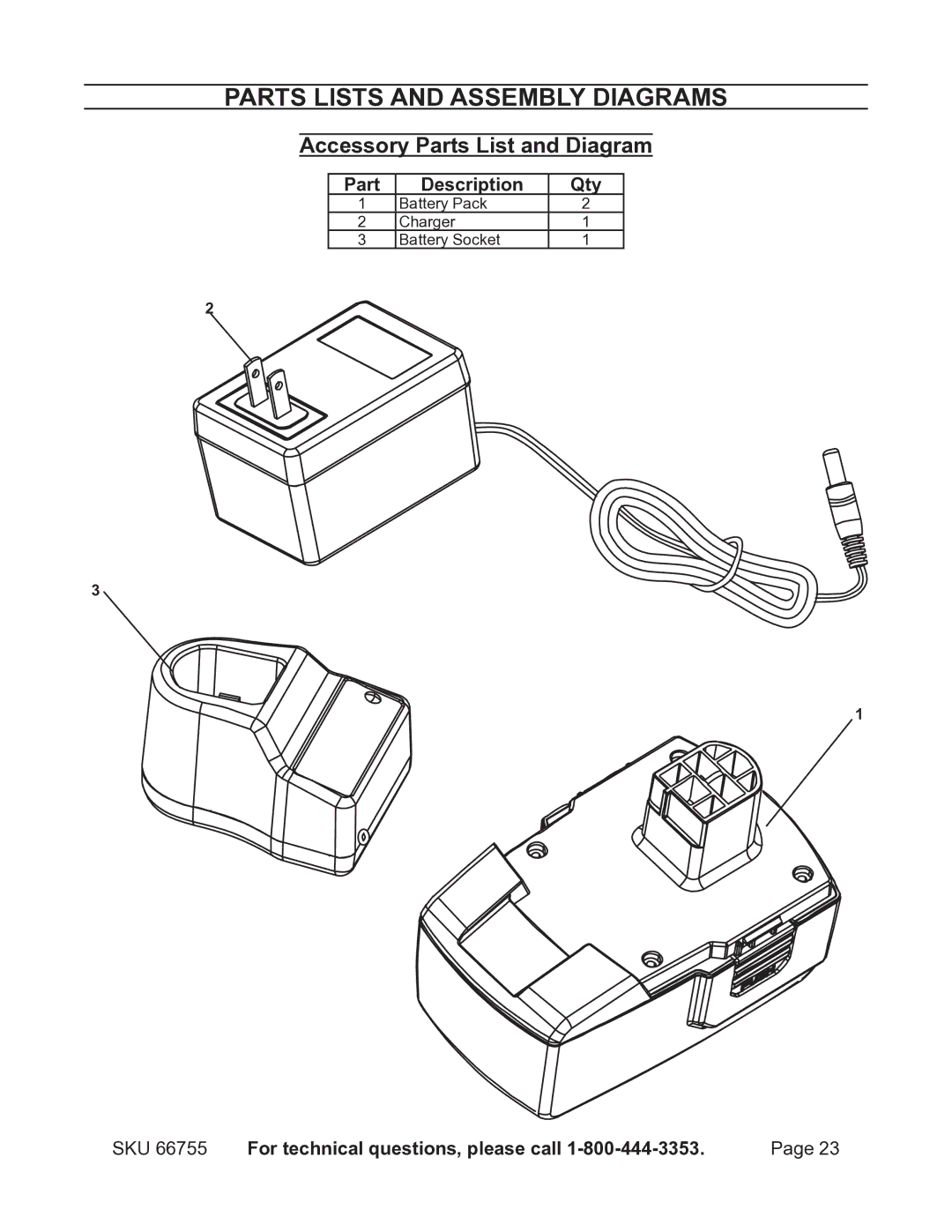 Harbor Freight Tools 66755 Parts Lists and Assembly Diagrams, Accessory Parts List and Diagram, Part Description Qty 