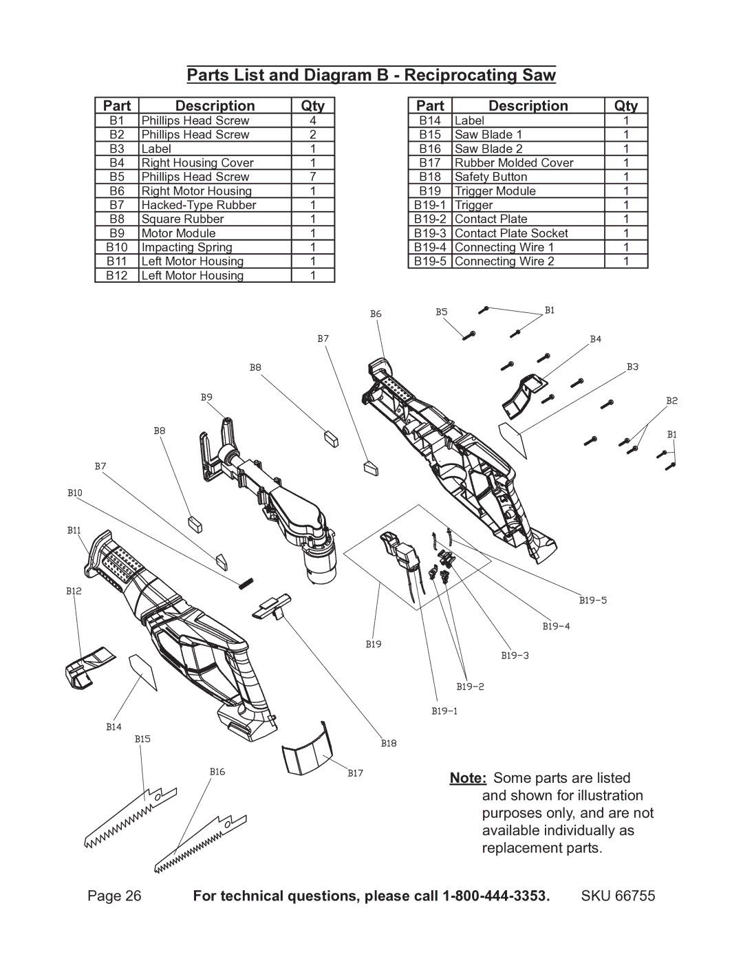 Harbor Freight Tools 66755 operating instructions Parts List and Diagram B Reciprocating Saw 