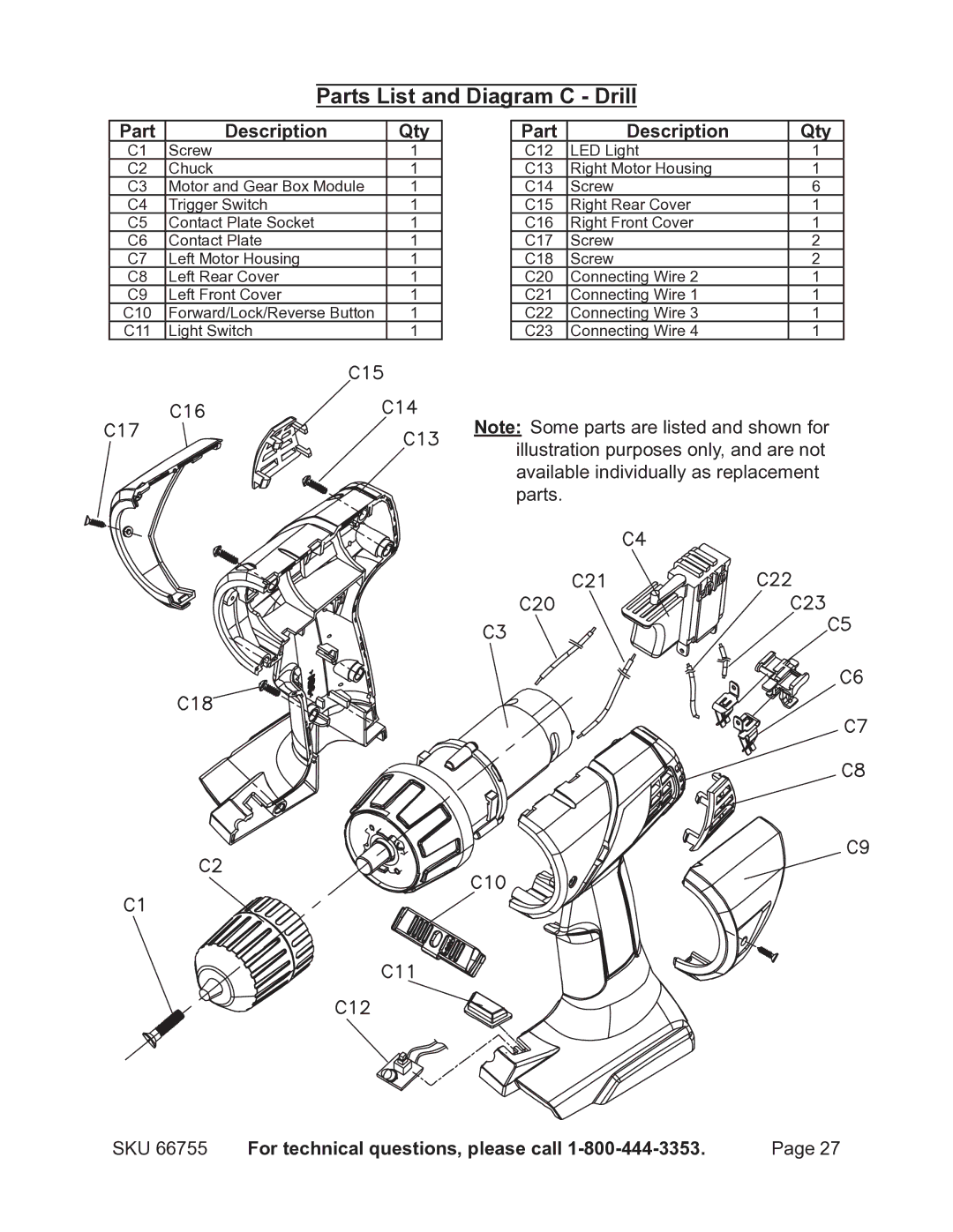 Harbor Freight Tools 66755 operating instructions Parts List and Diagram C Drill 