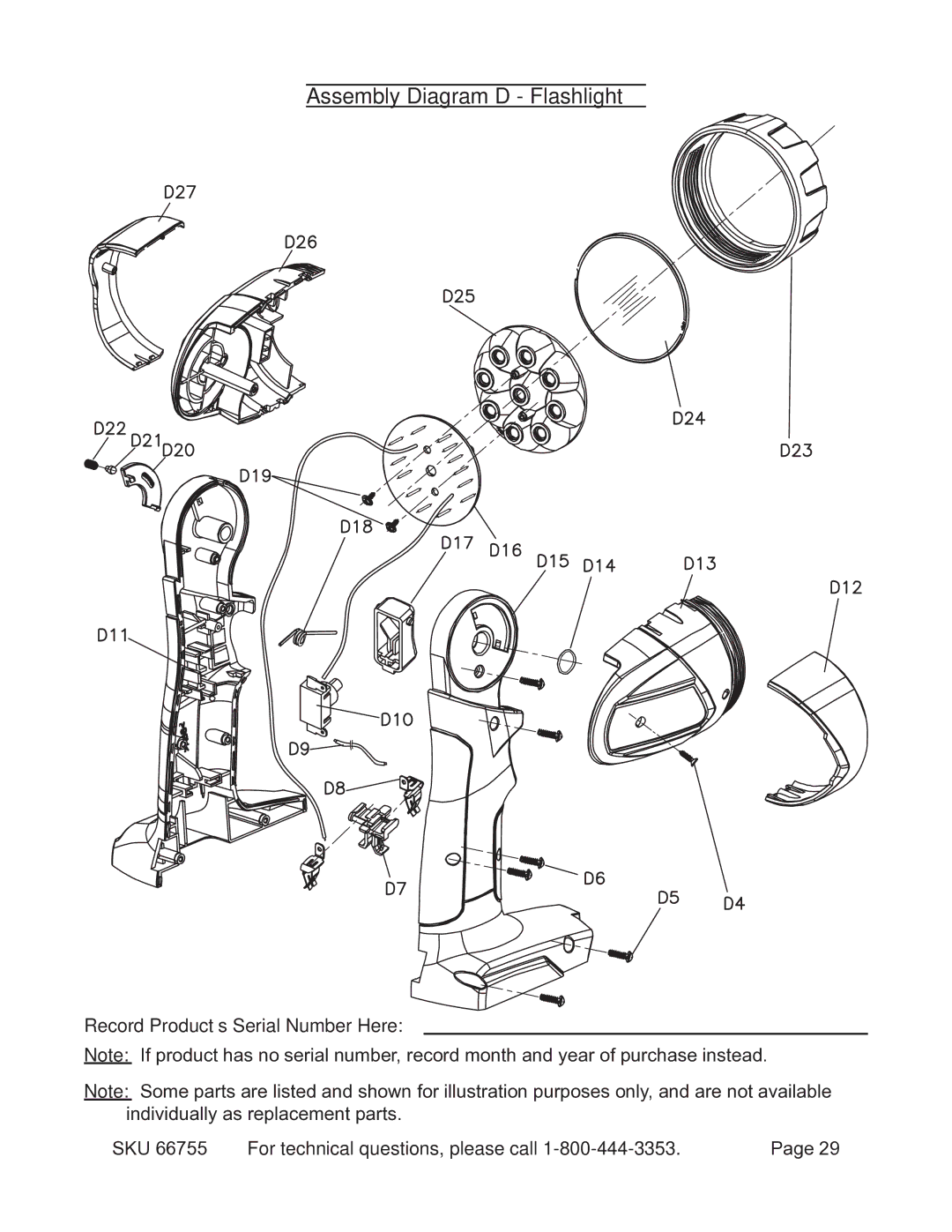 Harbor Freight Tools 66755 operating instructions Assembly Diagram D Flashlight, Record Product’s Serial Number Here 