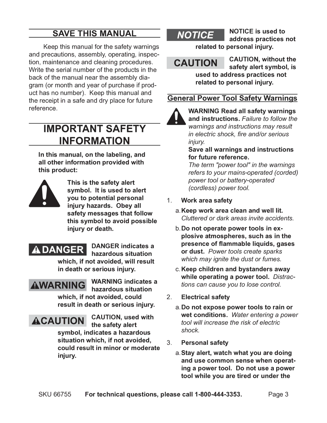 Harbor Freight Tools 66755 operating instructions Save This Manual, General Power Tool Safety Warnings 