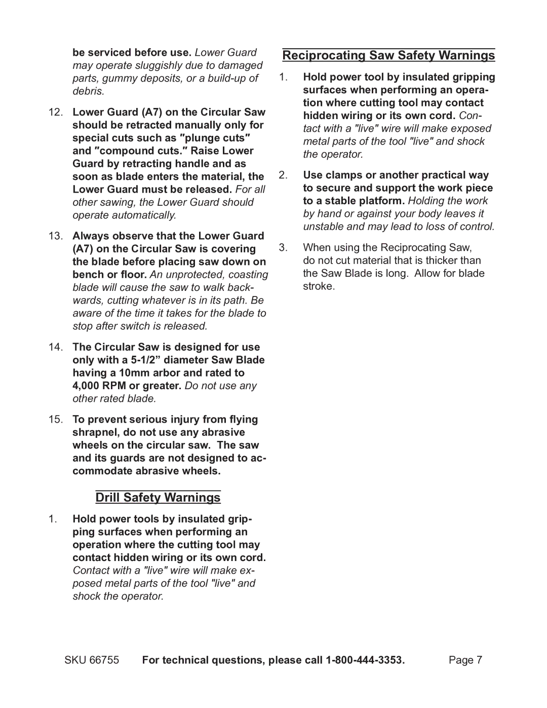 Harbor Freight Tools 66755 operating instructions Drill Safety Warnings, Reciprocating Saw Safety Warnings 