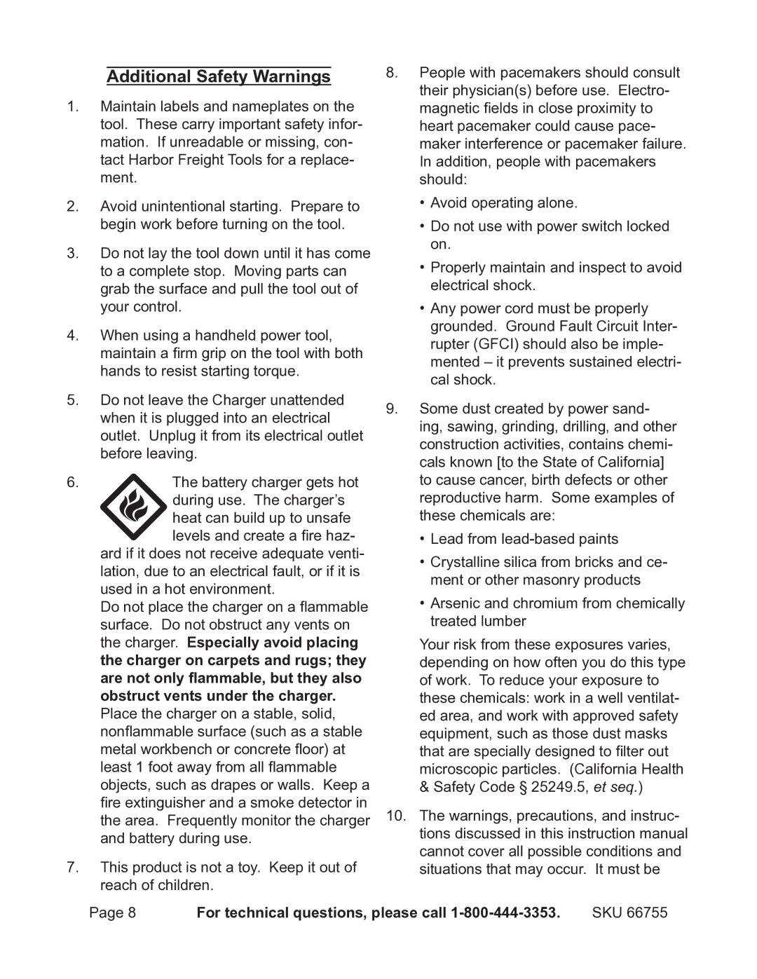 Harbor Freight Tools 66755 operating instructions Additional Safety Warnings 