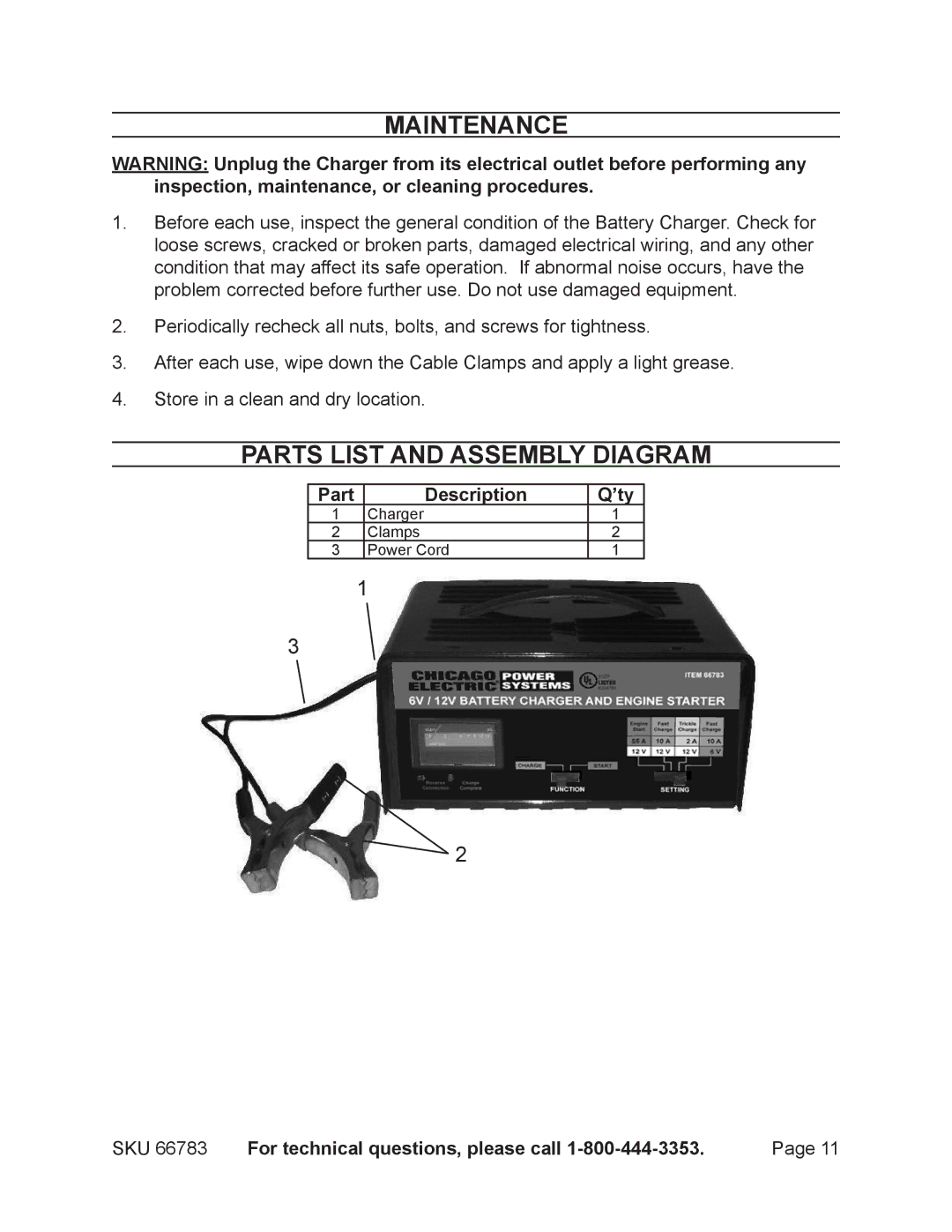 Harbor Freight Tools 66783 operating instructions Maintenance, Parts List and Assembly Diagram, Part Description ’ty 