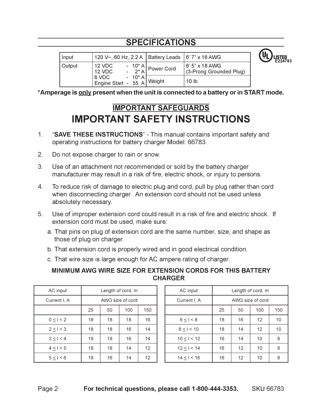 Harbor Freight Tools 66783 Specifications, Important Safeguards, For technical questions, please call 