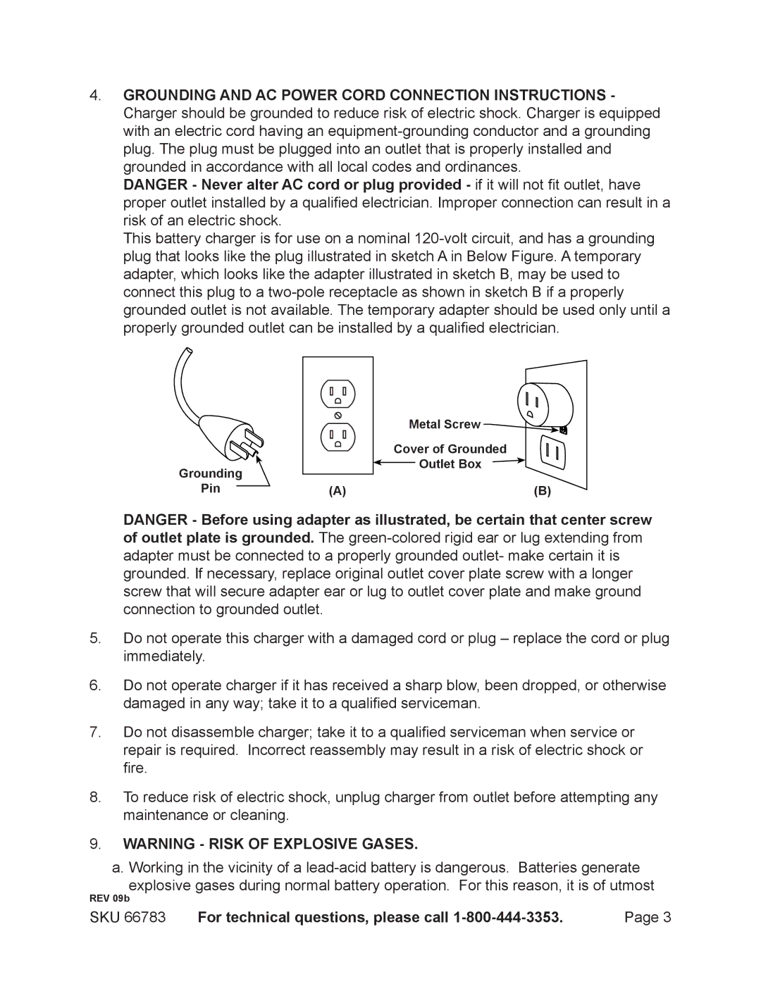 Harbor Freight Tools 66783 operating instructions Grounding Pin Metal Screw Cover of Grounded Outlet Box 