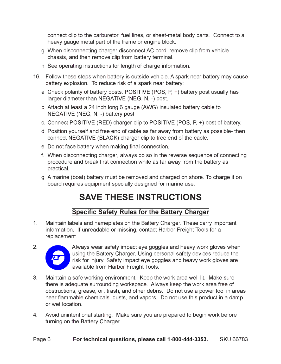 Harbor Freight Tools 66783 operating instructions Specific Safety Rules for the Battery Charger 