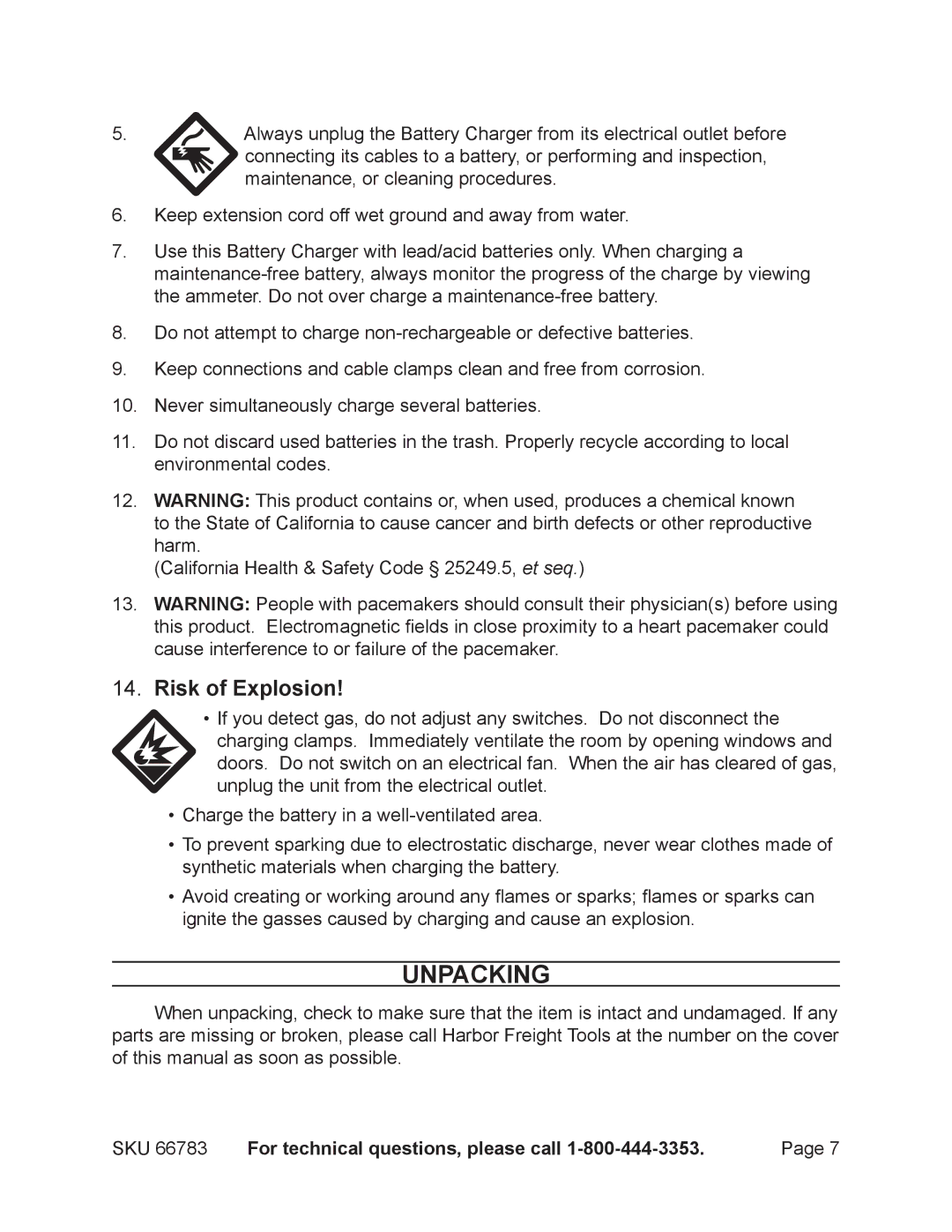 Harbor Freight Tools 66783 operating instructions Unpacking, Risk of Explosion 