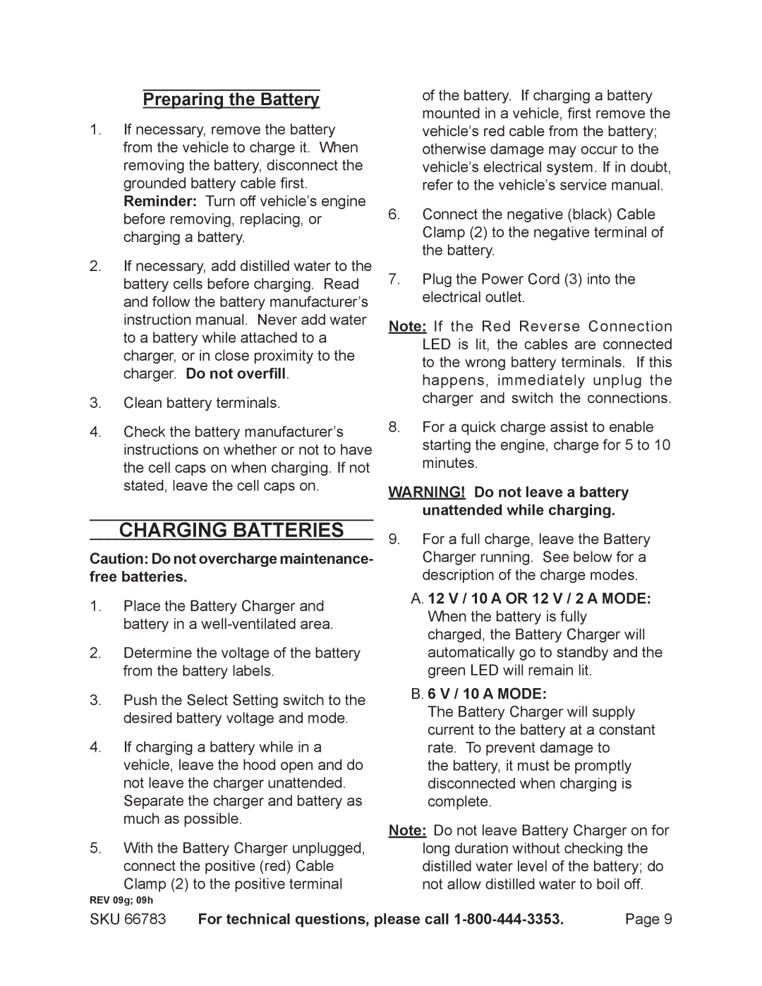 Harbor Freight Tools 66783 operating instructions Preparing the Battery, V / 10 a mode 