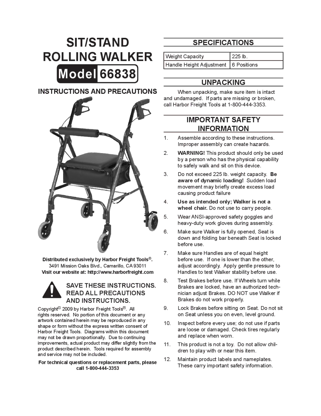 Harbor Freight Tools 66838 specifications Specifications, Unpacking, Important Safety Information 