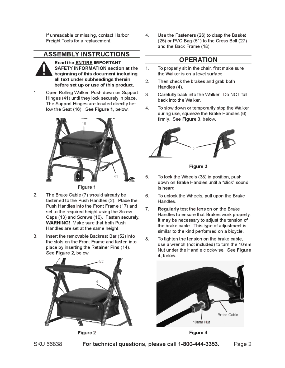 Harbor Freight Tools 66838 specifications Assembly Instructions, Operation 