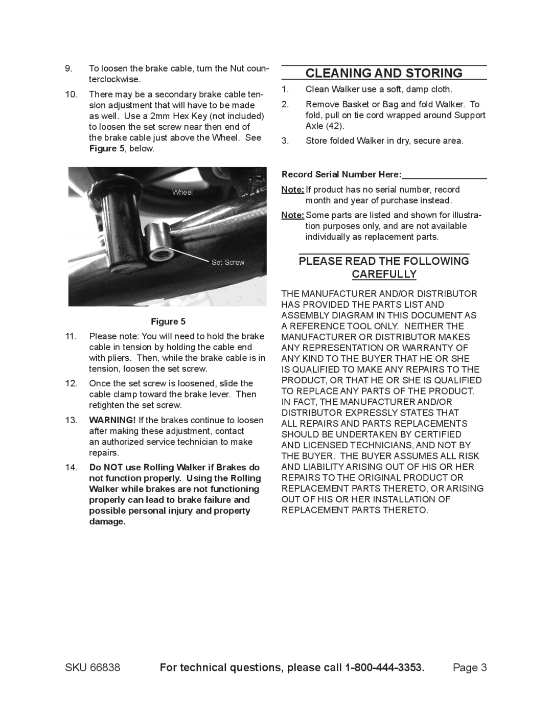 Harbor Freight Tools 66838 specifications Cleaning and Storing 