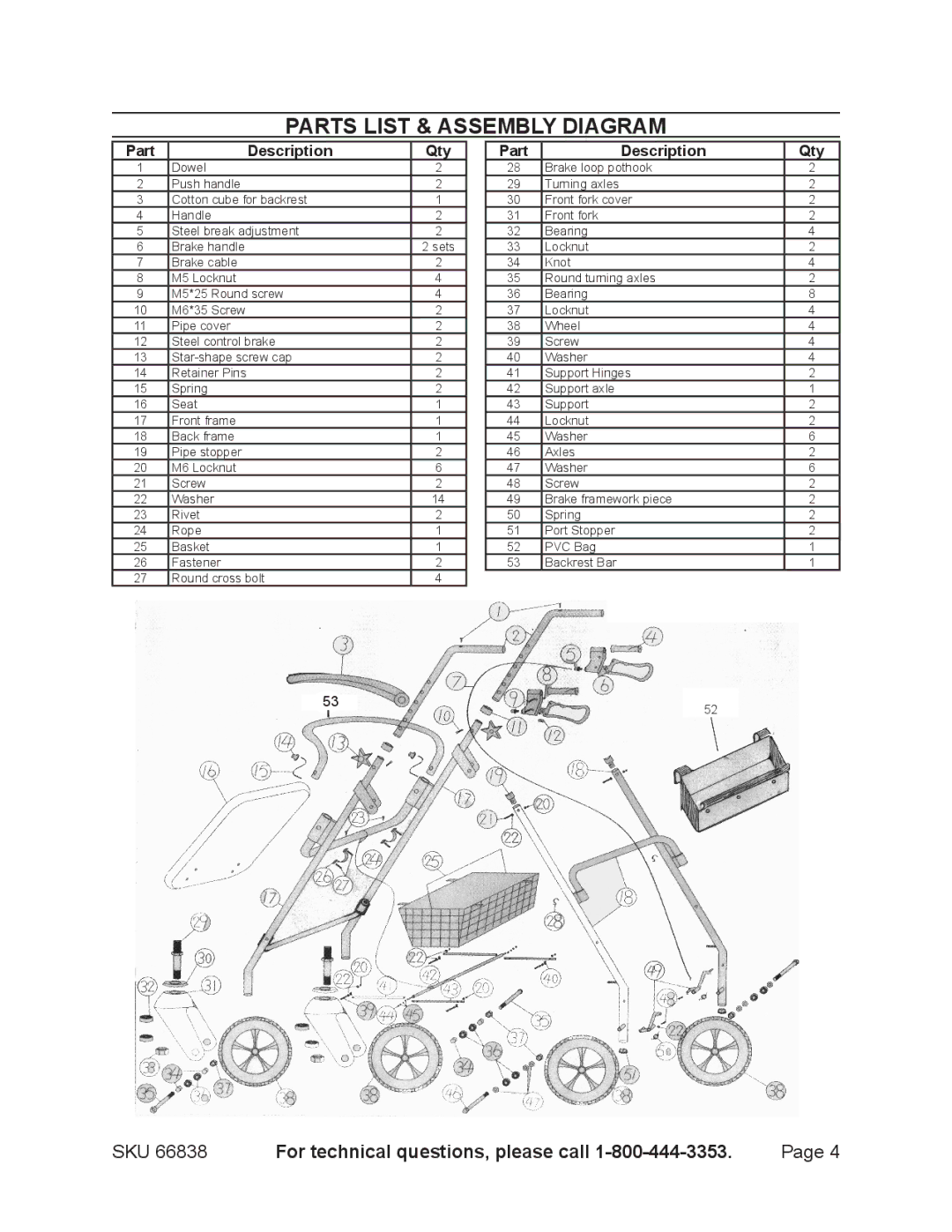 Harbor Freight Tools 66838 specifications Parts List & Assembly diagram, Part Description Qty 