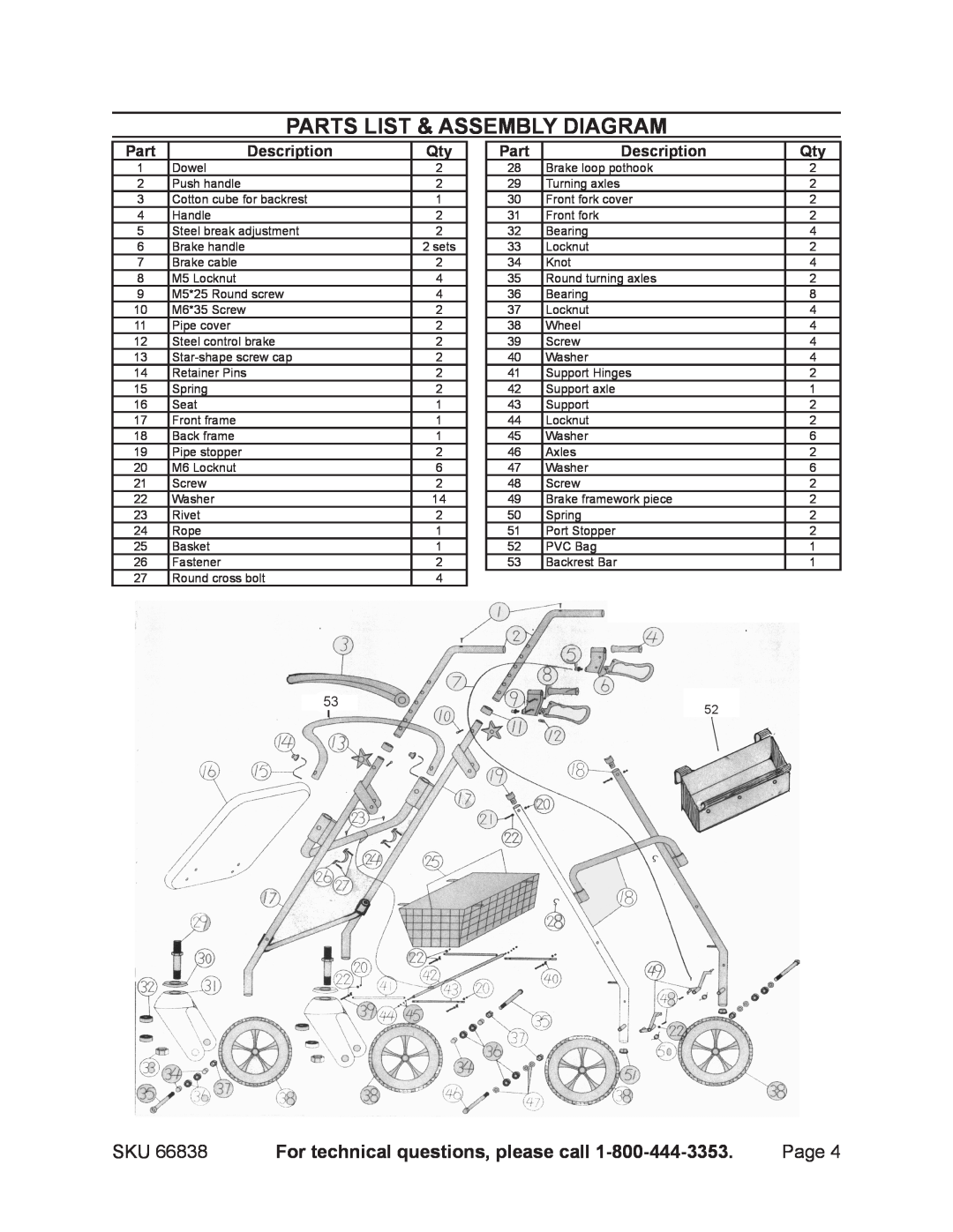 Harbor Freight Tools 66838 Parts List & Assembly diagram, Description, For technical questions, please call, Page 