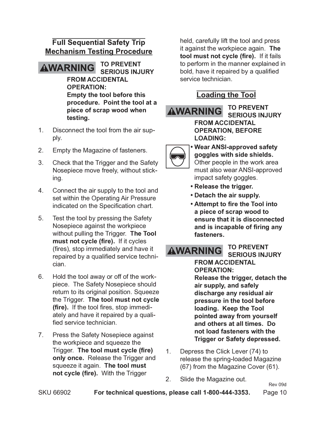 Harbor Freight Tools 66902 operating instructions Full Sequential Safety Trip Mechanism Testing Procedure, Loading the Tool 