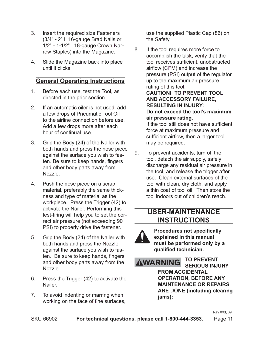 Harbor Freight Tools 66902 operating instructions User-Maintenance Instructions, General Operating Instructions 