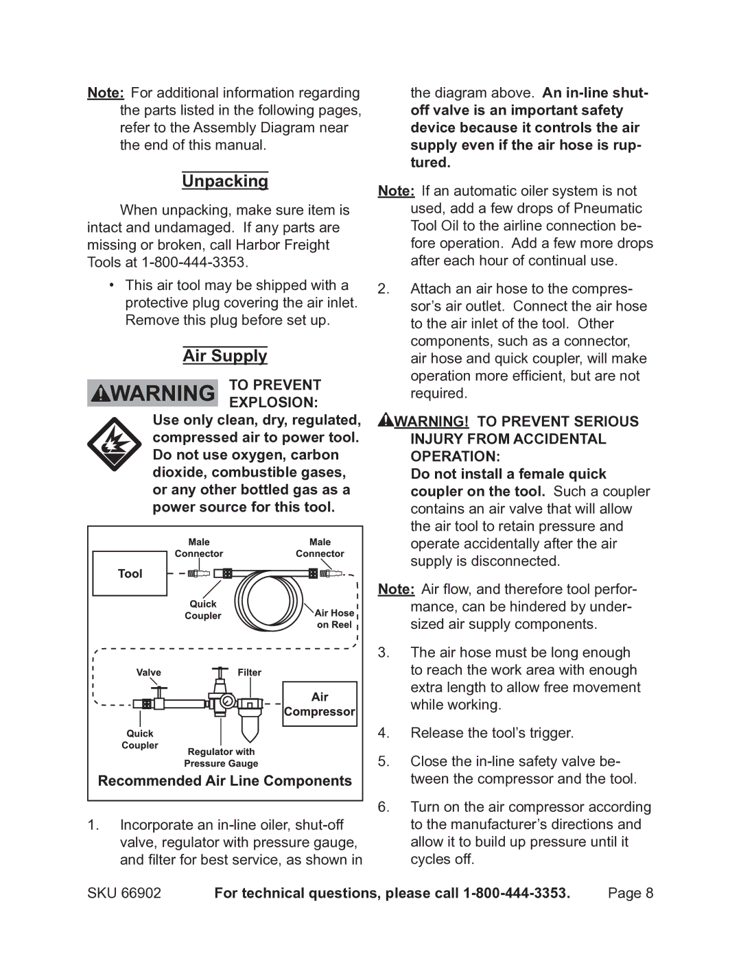 Harbor Freight Tools 66902 operating instructions Unpacking, Air Supply, Injury from accidental operation 