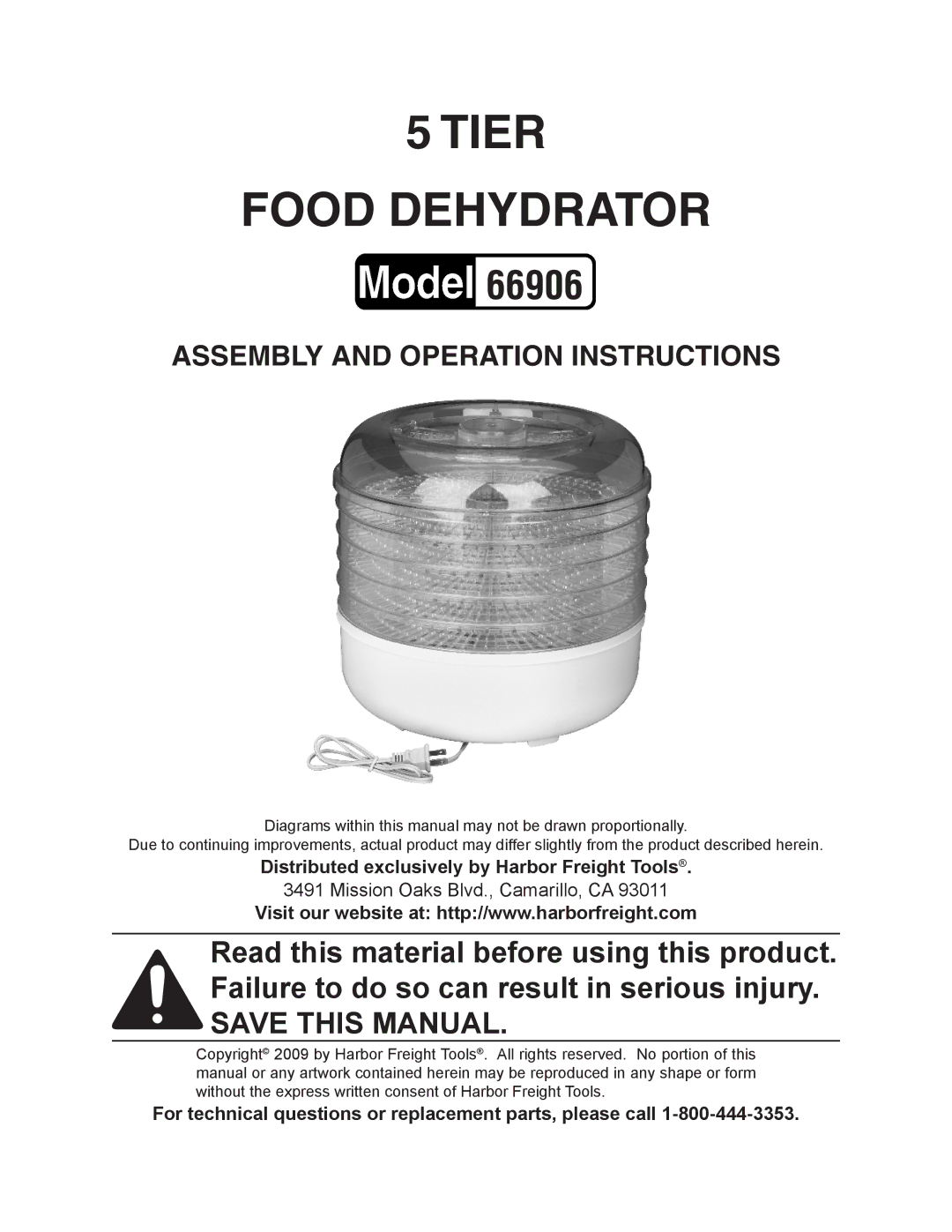 Harbor Freight Tools 66906 manual Tier Food Dehydrator 