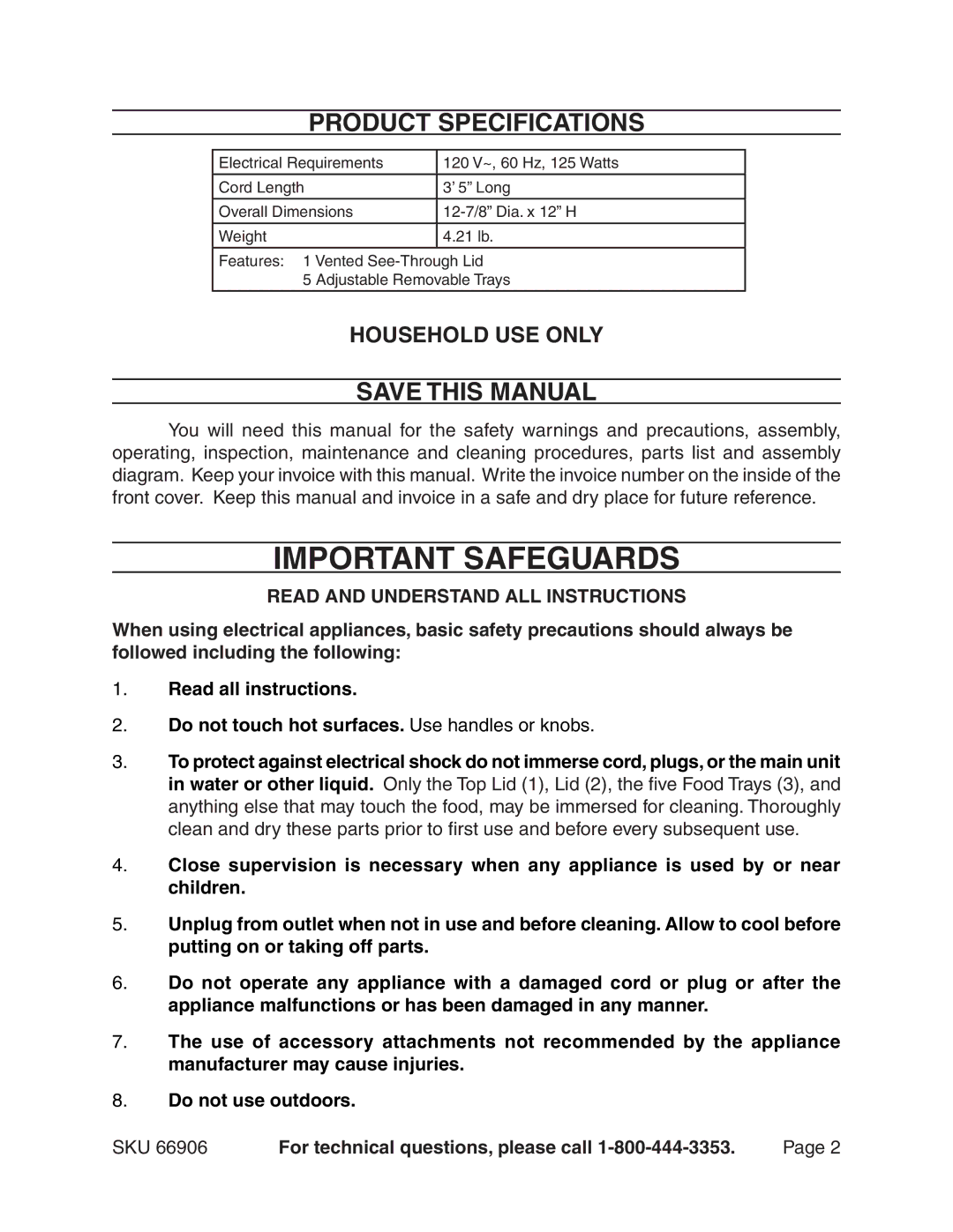 Harbor Freight Tools 66906 manual Product Specifications, Save this Manual 