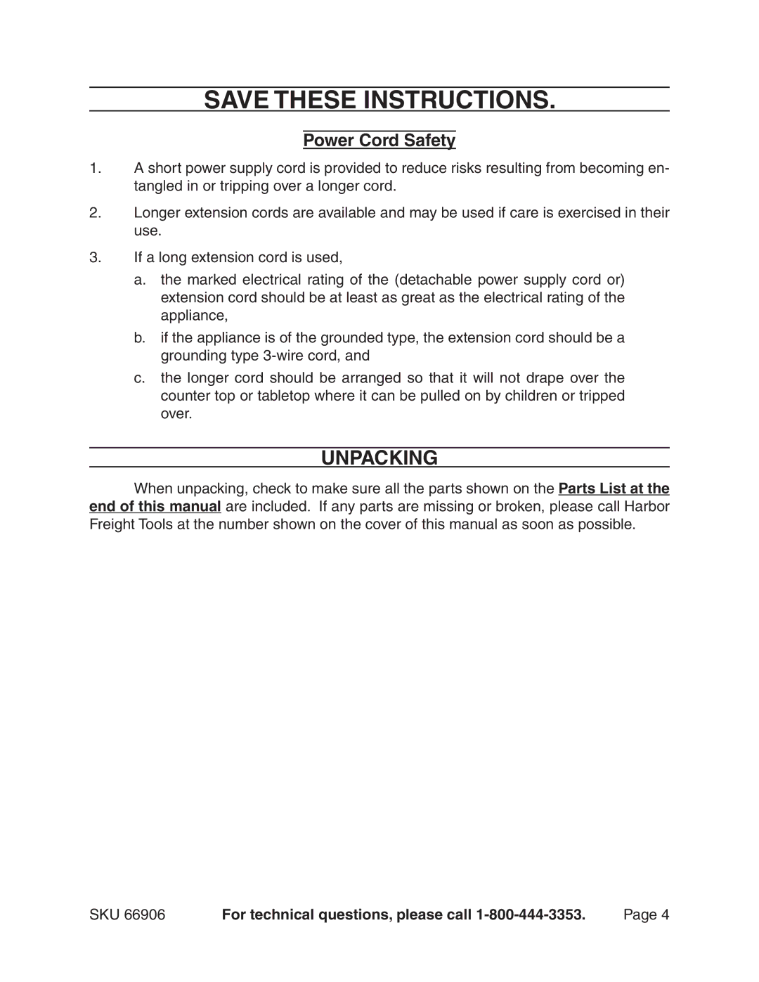 Harbor Freight Tools 66906 manual Unpacking, Power Cord Safety 