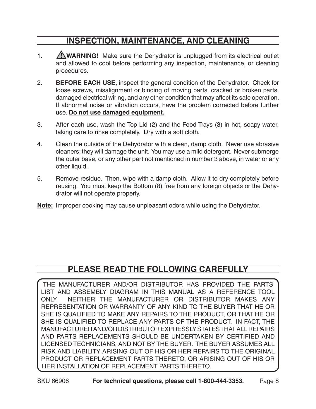 Harbor Freight Tools 66906 manual INSPECTION, MAINTENANCE, and Cleaning, Please Read the Following Carefully 