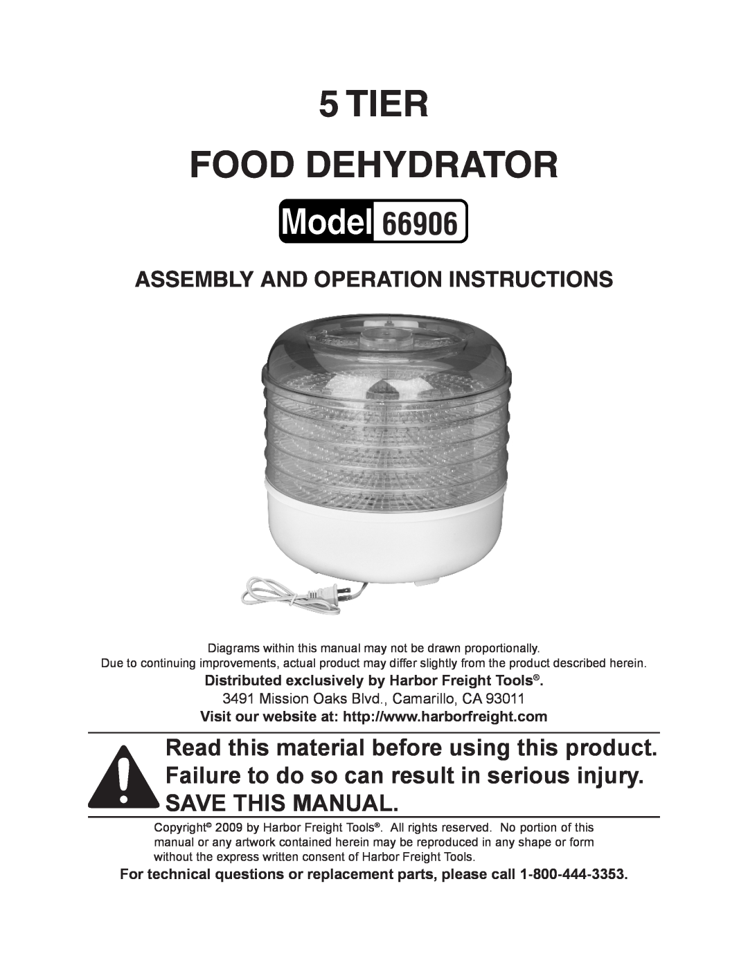 Harbor Freight Tools 66906 manual 5TIER FOOD DEHYDRATOR, Assembly And Operation Instructions 