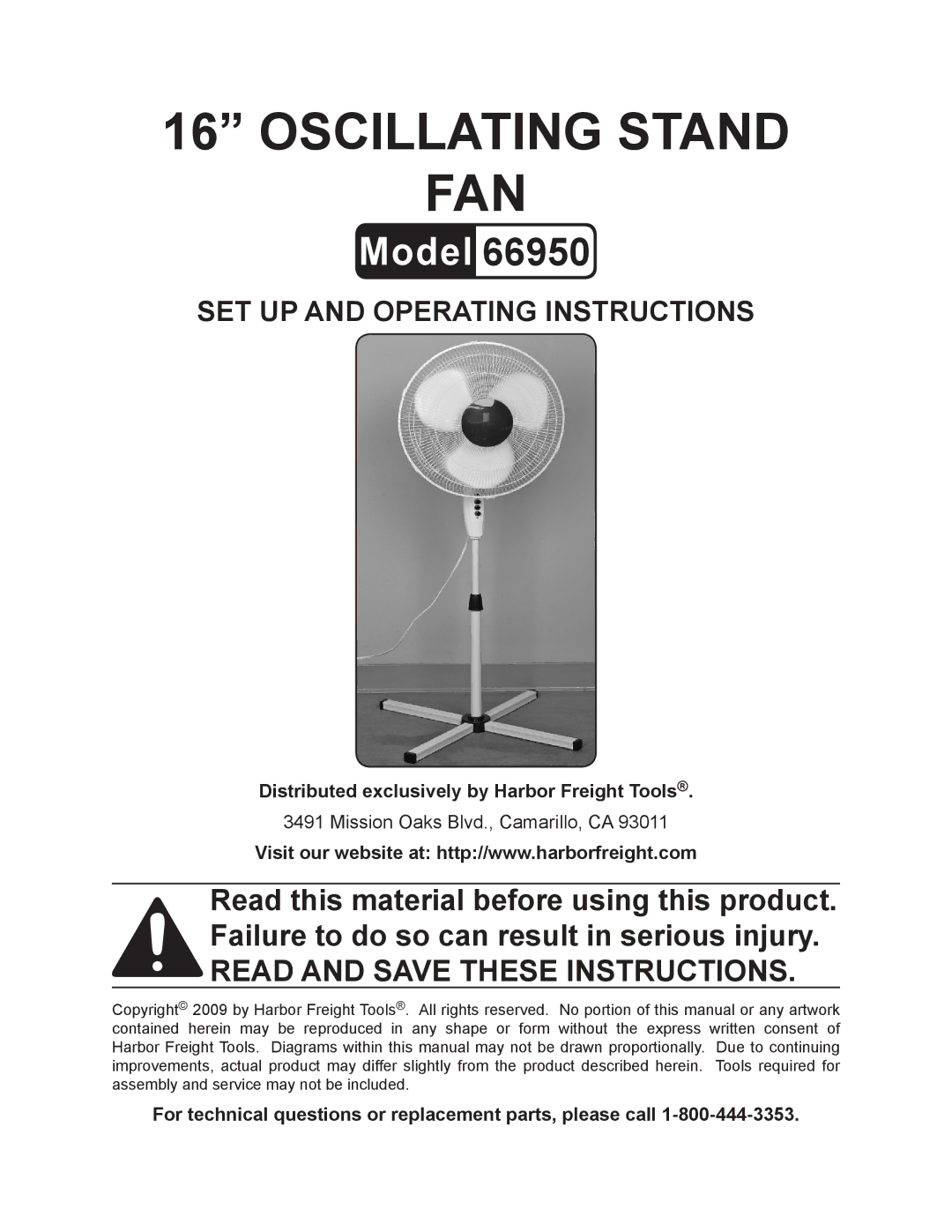 Harbor Freight Tools 66950 manual Oscillating Stand FAN 