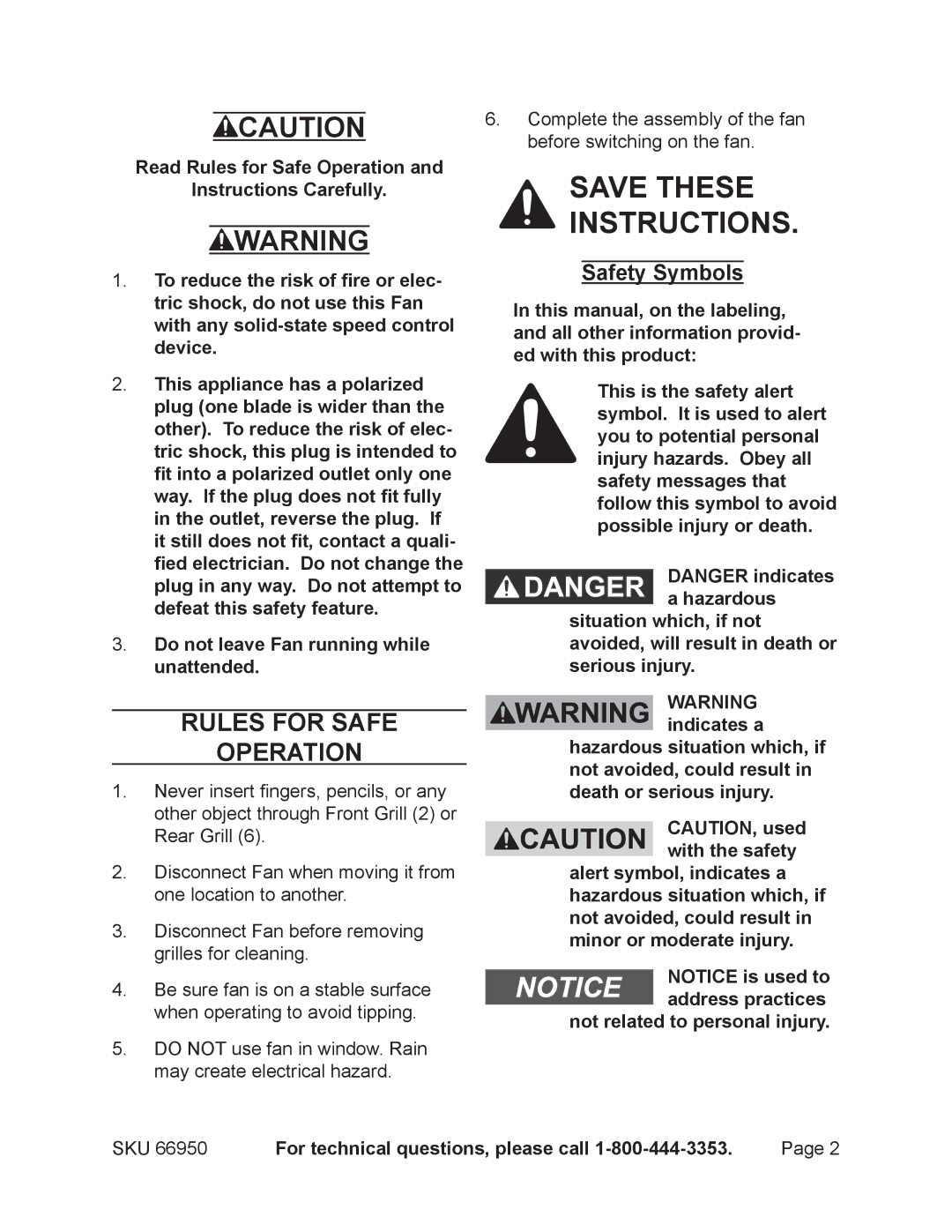 Harbor Freight Tools 66950 manual Rules for Safe Operation, Safety Symbols 