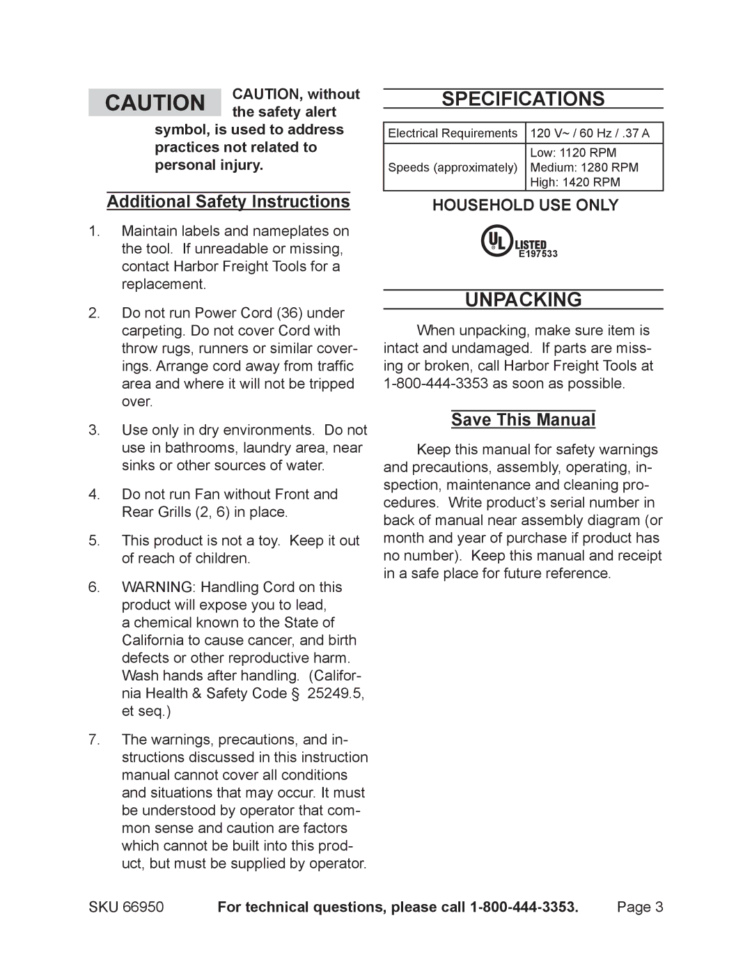 Harbor Freight Tools 66950 manual Specifications, Unpacking, Additional Safety Instructions, Save This Manual 