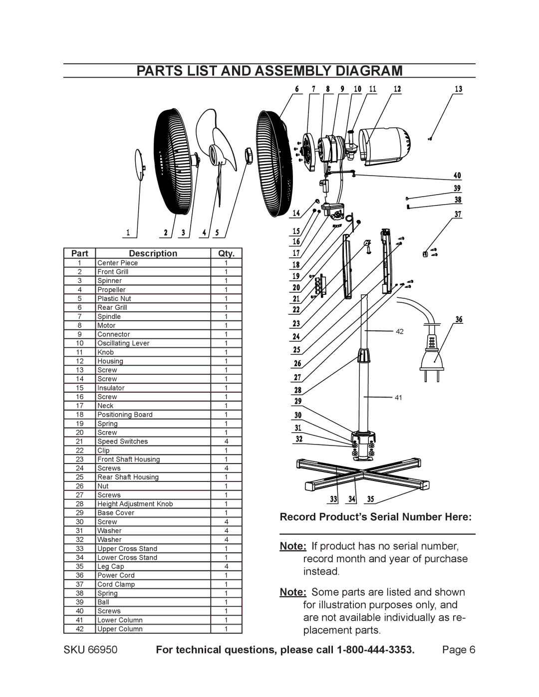 Harbor Freight Tools 66950 manual Parts List and Assembly Diagram, Part Description Qty 